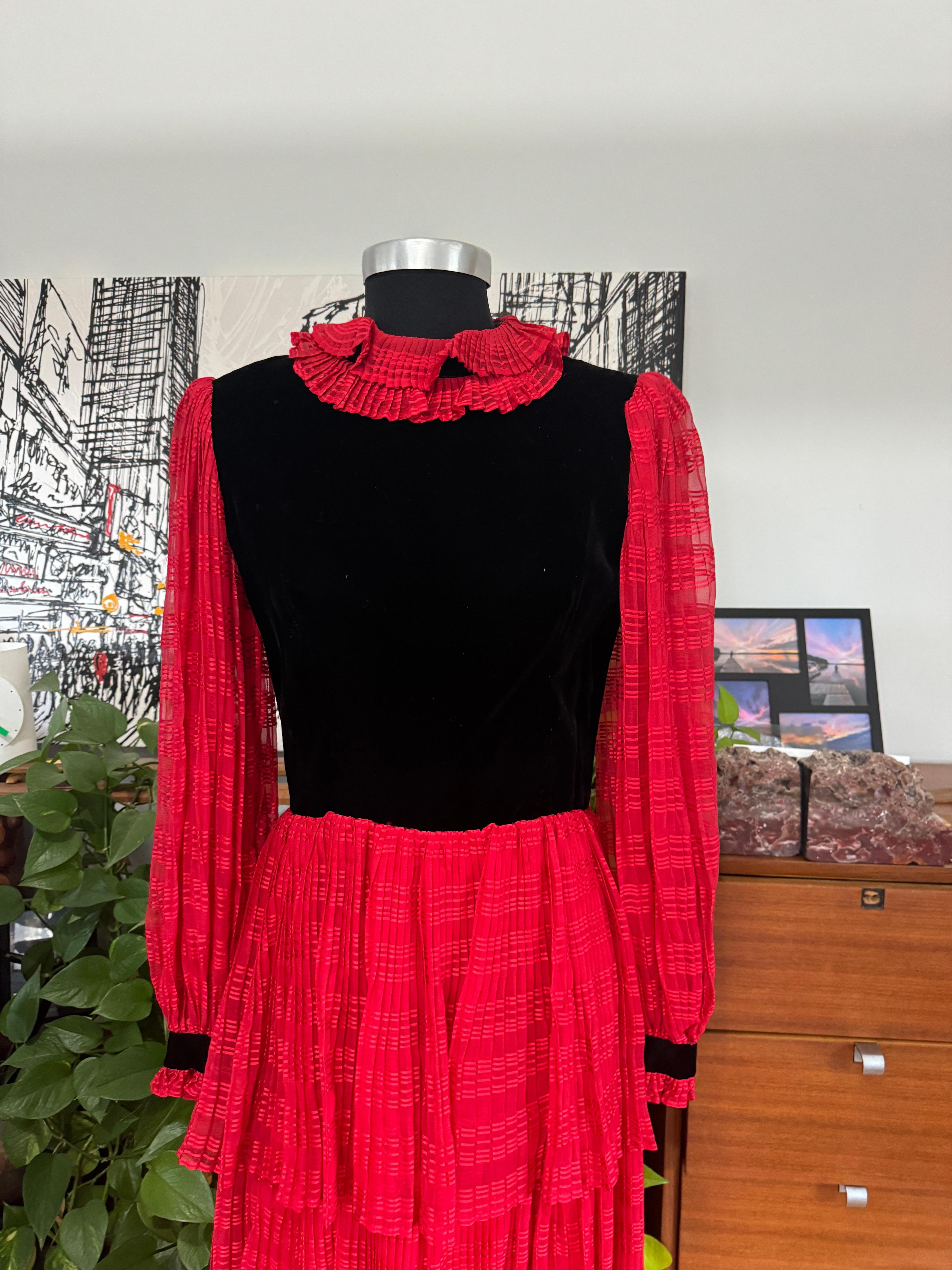Givenchy Red & Black Ruffled Tiered Gown 1970s For Sale 3