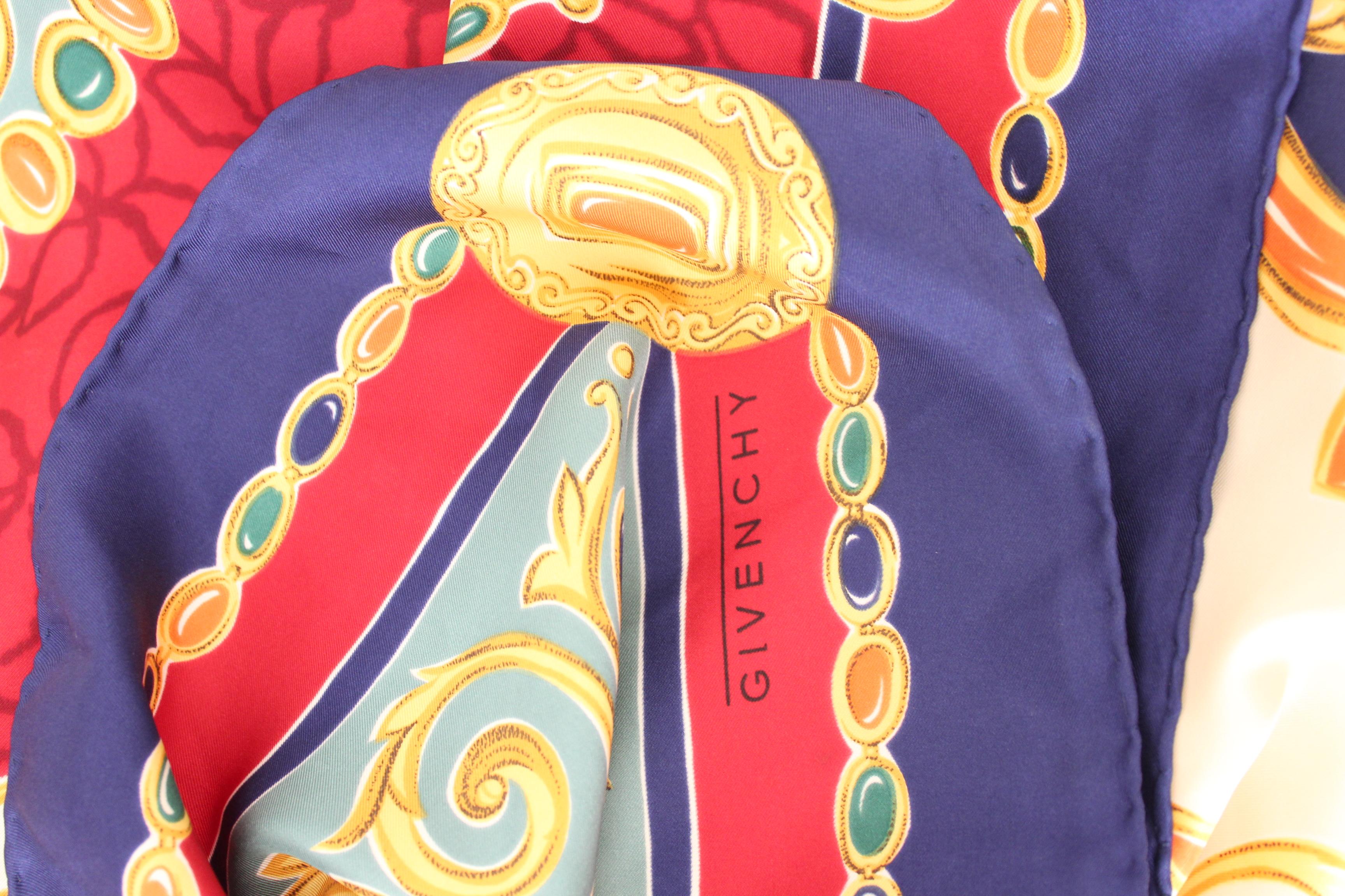 Givenchy Red Blue Gold Silk Baroque Floral Scarf In Good Condition In Brindisi, Bt