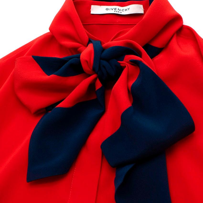 Women's Givenchy Red Button-Front Silk Blouse with Striped Detachable Scarf For Sale