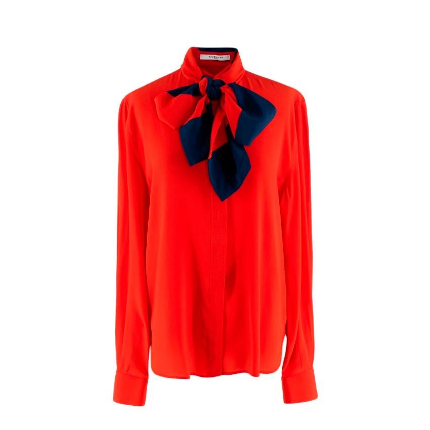 Givenchy Red Button-Front Silk Blouse with Striped Detachable Scarf For Sale