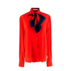 Givenchy Red Button-Front Silk Blouse with Striped Detachable Scarf