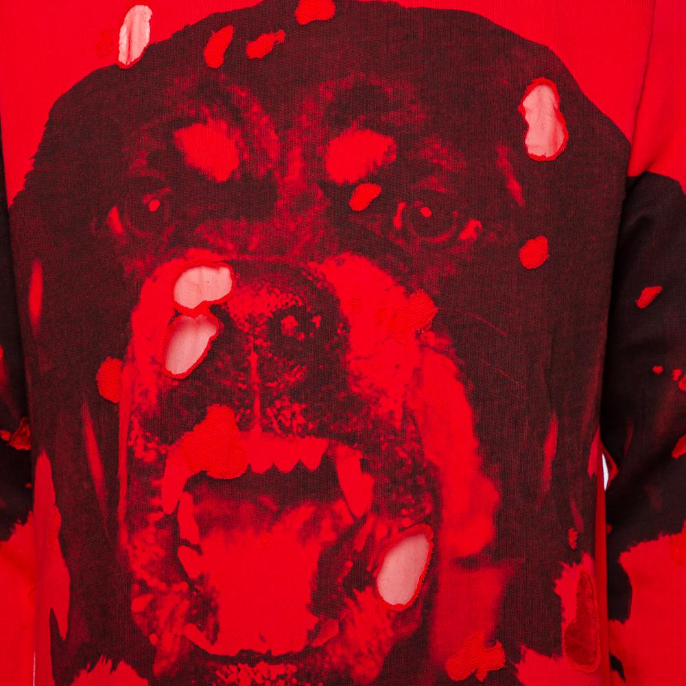 Givenchy Red Cotton Rottweiler Printed Distressed Hoodie S In New Condition In Dubai, Al Qouz 2