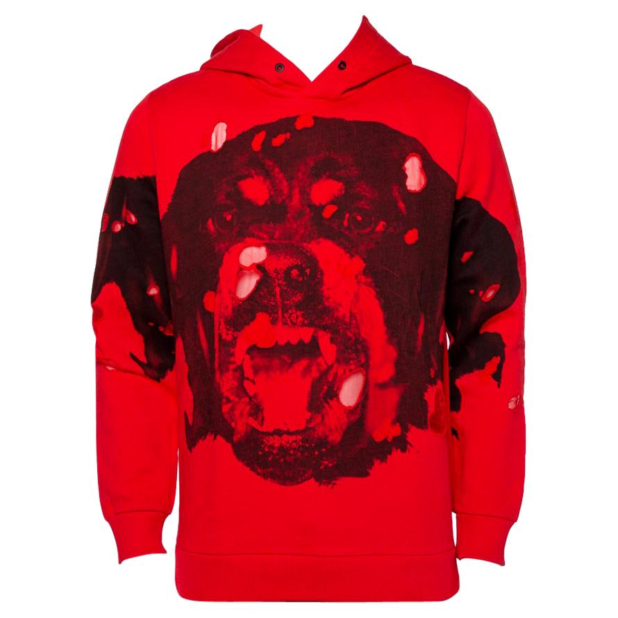 Givenchy Red Cotton Rottweiler Printed Distressed Hoodie S at 1stDibs