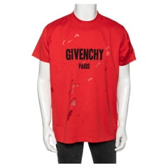Givenchy Red Distressed Cotton & Mesh Inset Short Sleeve T-Shirt XS