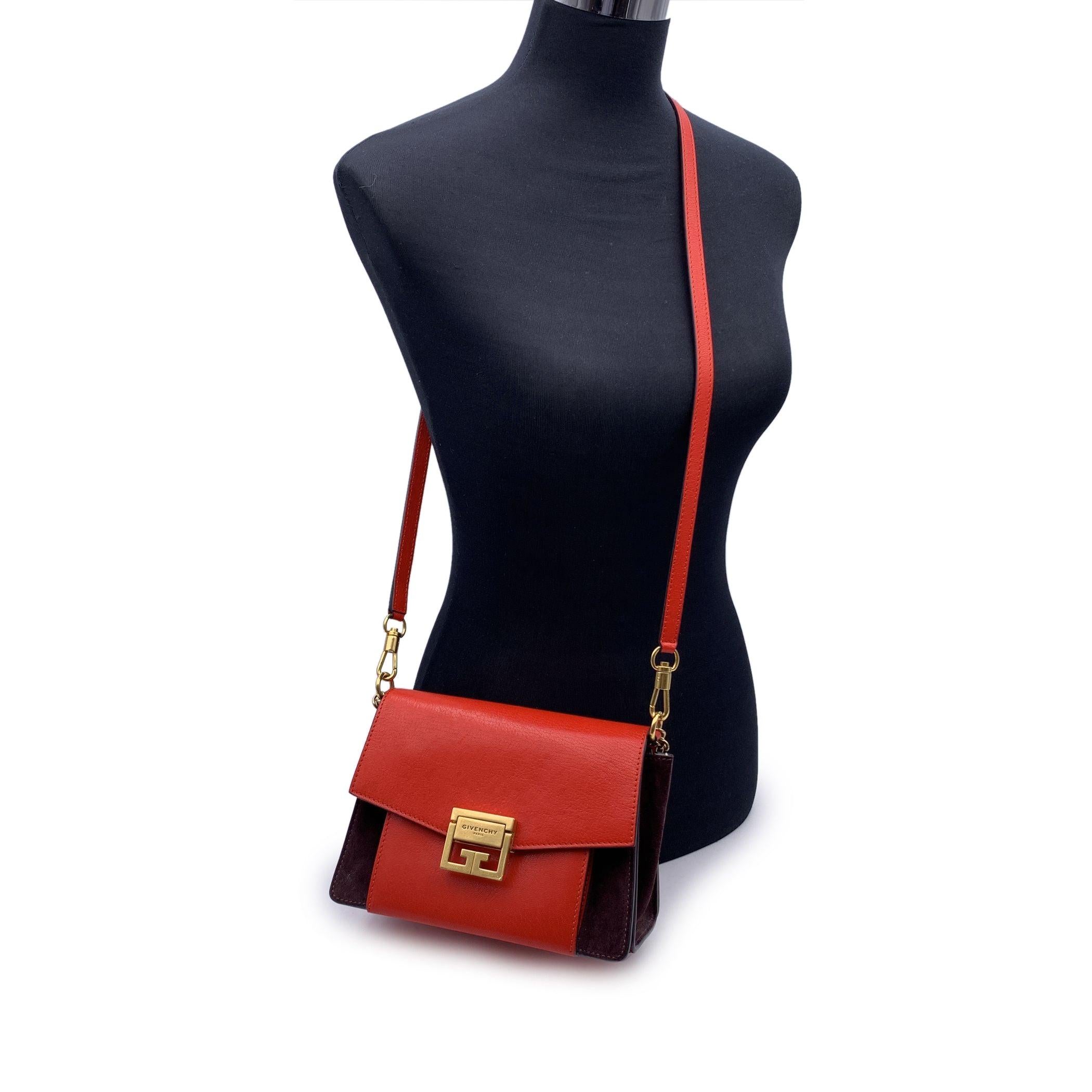 Givenchy Red Leather Brown Suede GV3 Small Flap Shoulder Bag In Excellent Condition In Rome, Rome