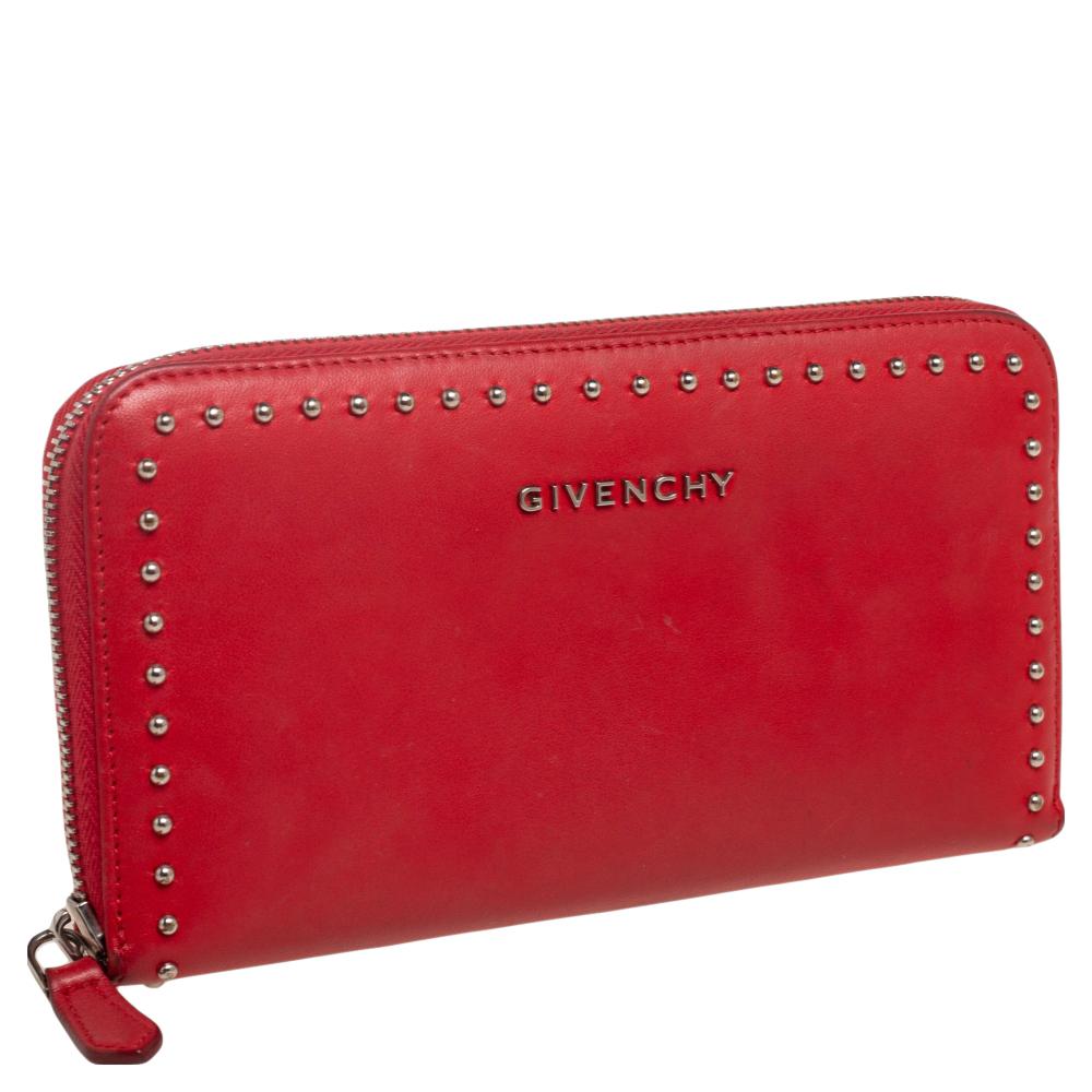 Givenchy Red Leather Studded Pandora Zip Around Wallet 2