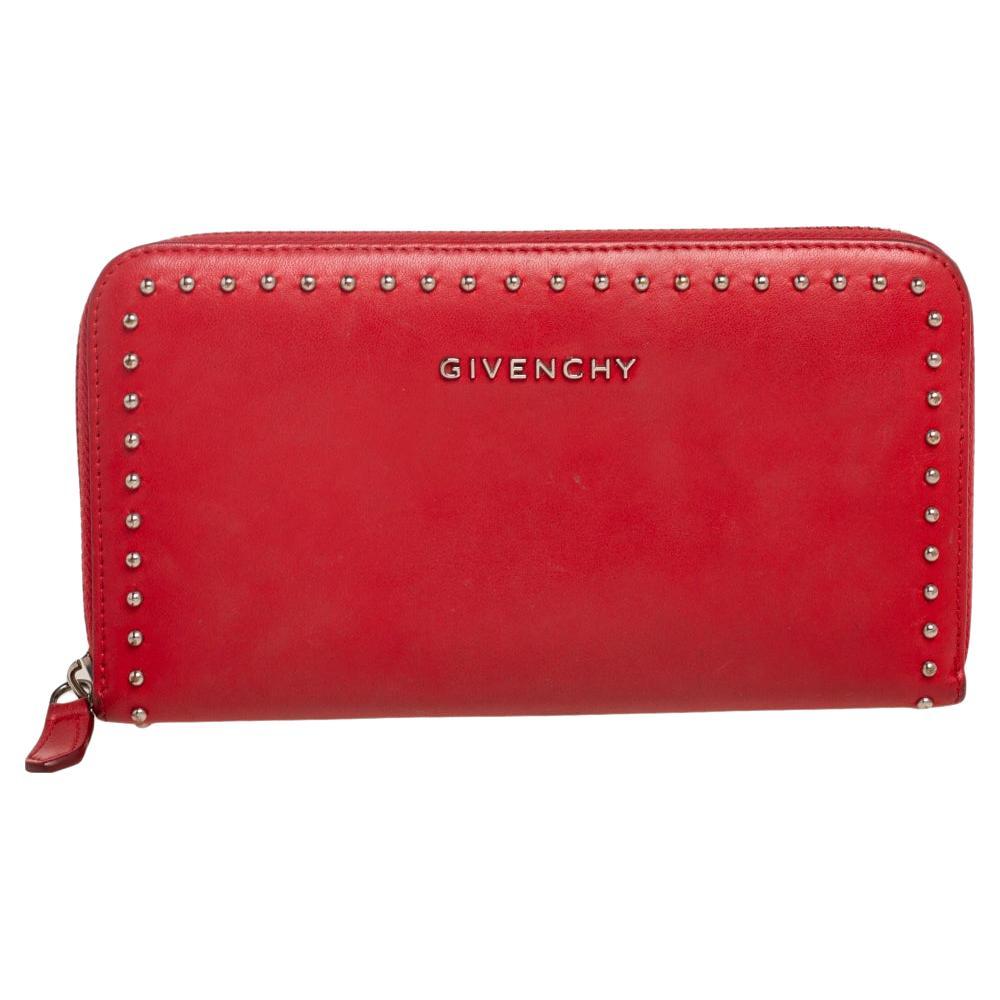 Givenchy Red Leather Studded Pandora Zip Around Wallet