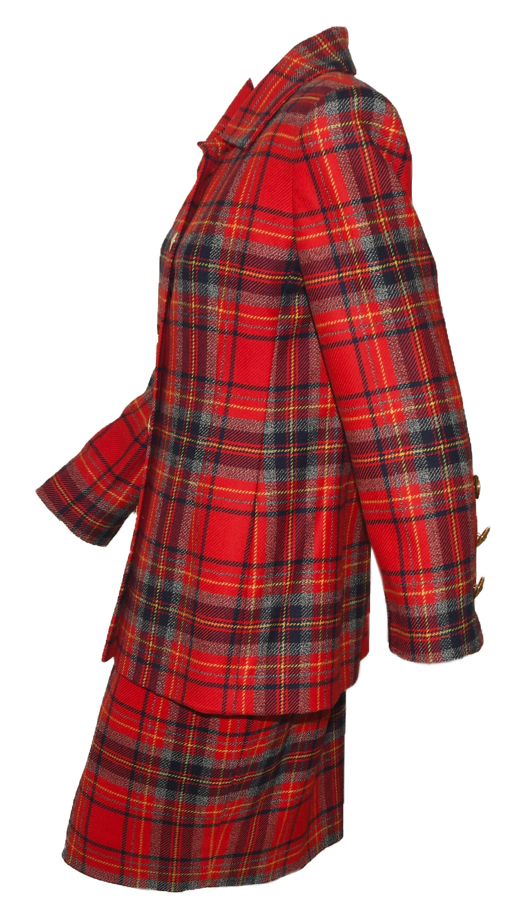 Givenchy Red Tartan Skirt Suit With Bright Gold Tone Buttons In Excellent Condition For Sale In Palm Beach, FL