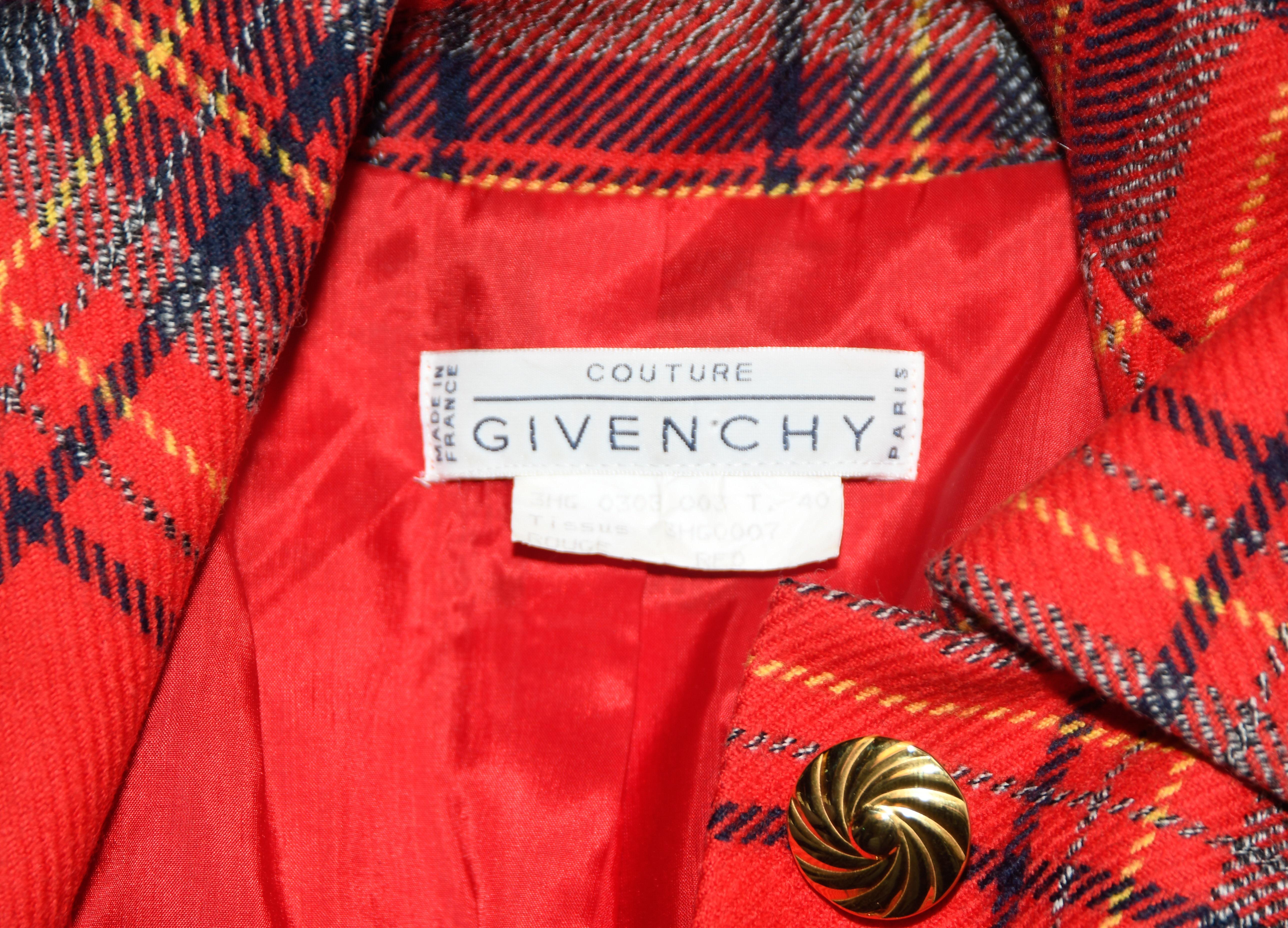 Women's Givenchy Red Tartan Skirt Suit With Bright Gold Tone Buttons For Sale
