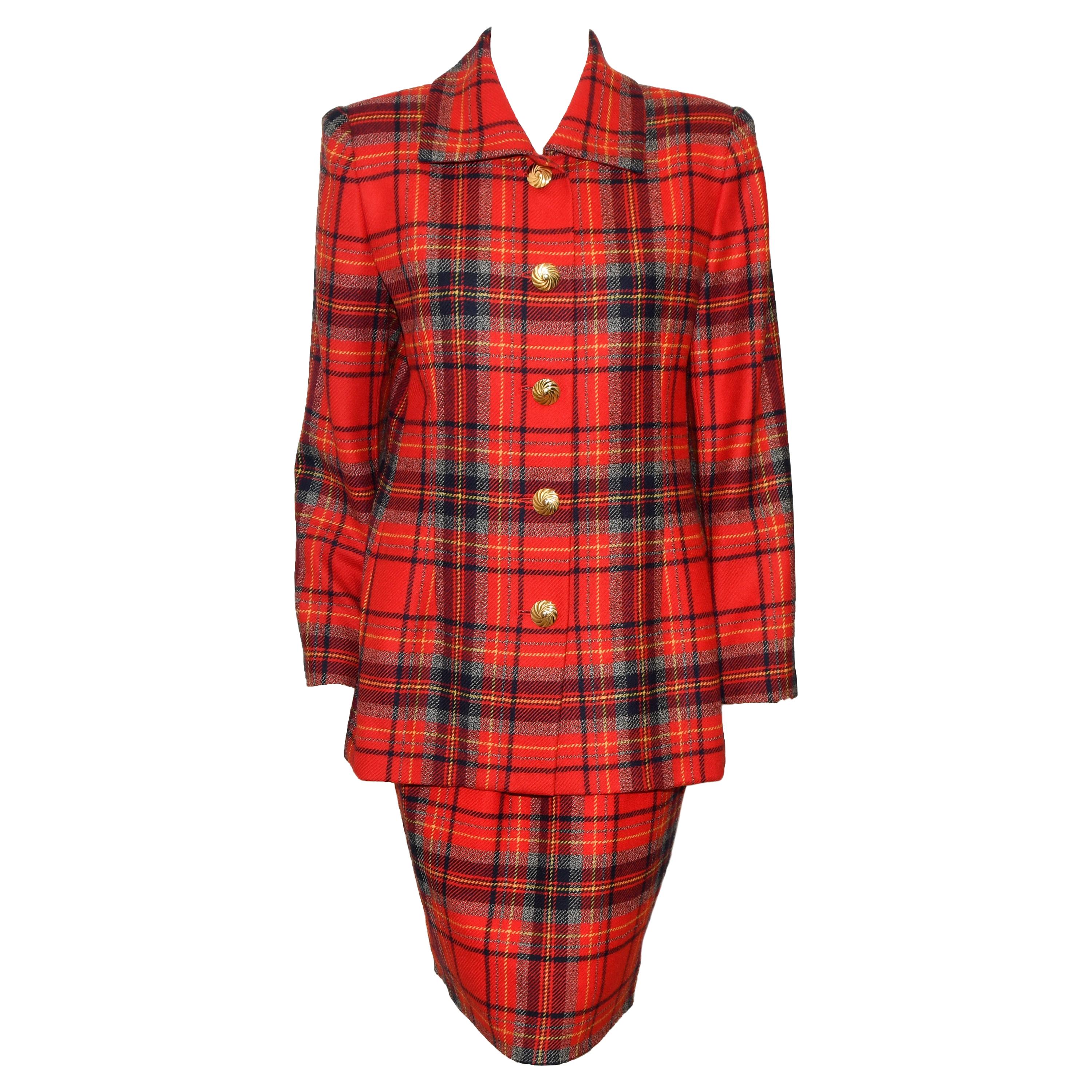 Givenchy Red Tartan Skirt Suit With Bright Gold Tone Buttons For Sale