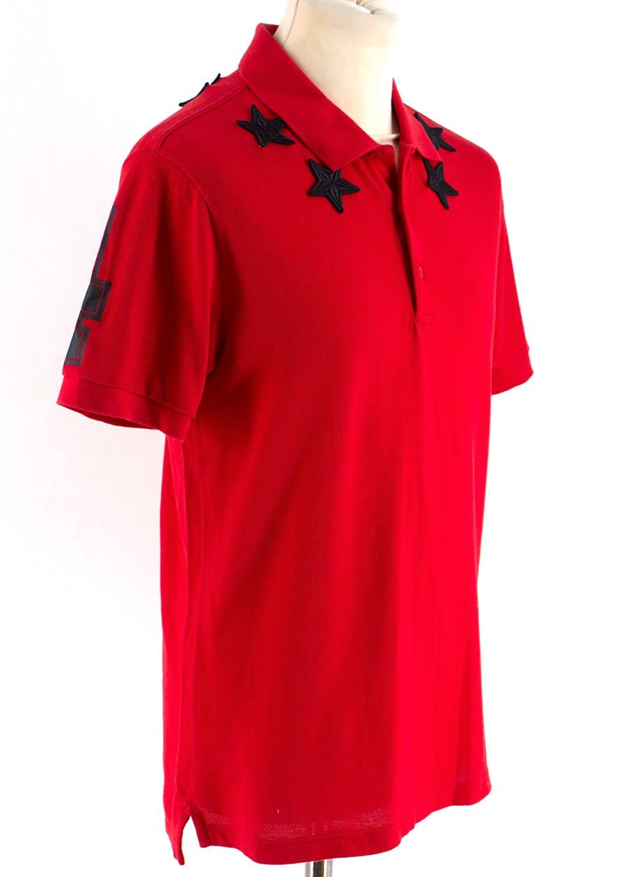 Givenchy Paris Vintage Red Stars Around The Neck Slim Collared Shirt

-Red, 100% cotton
-Short sleeved
-Black embellished stars 
around neck
-Number 