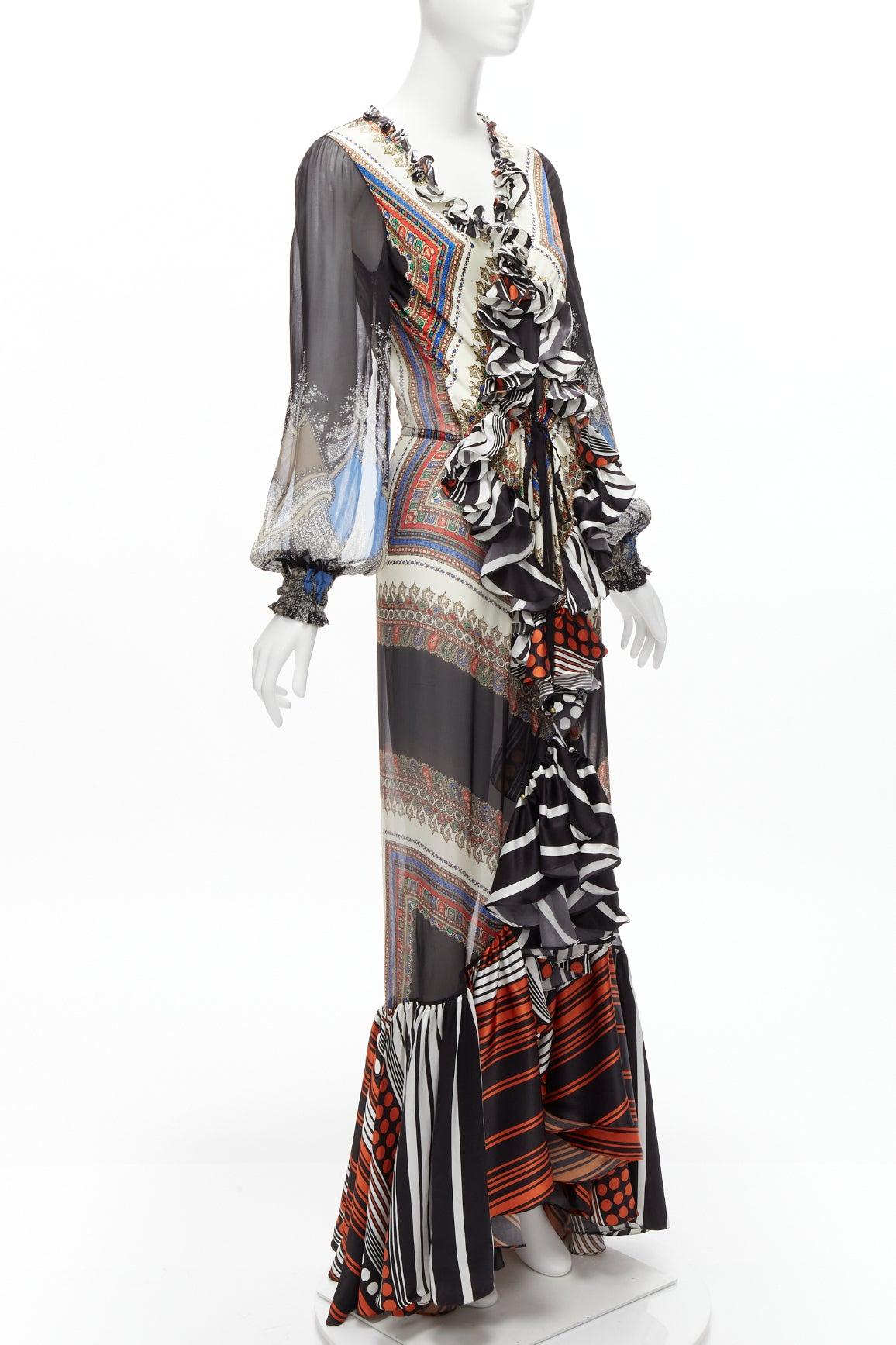 Black GIVENCHY RICCARDO TISCI 2013 Runway mixed bandana sheer ruffle gown dress FR38 M For Sale