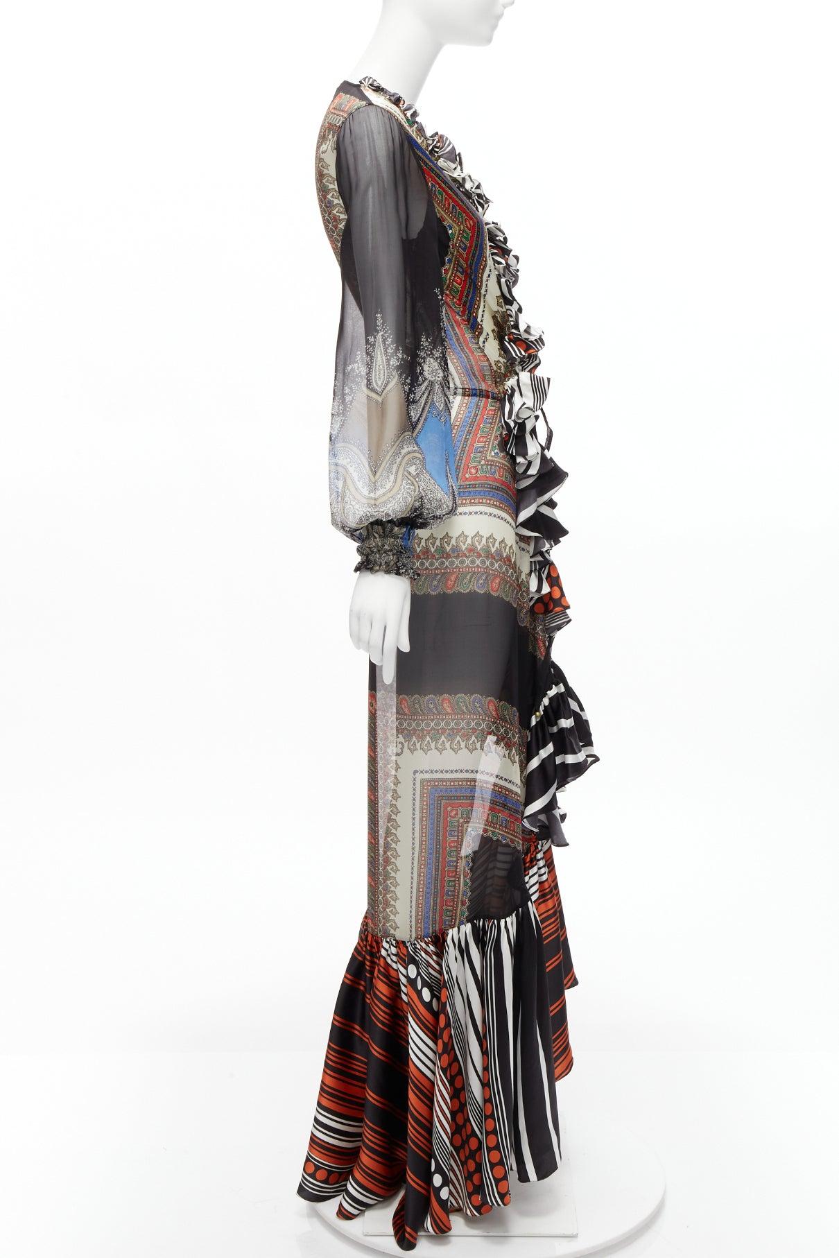 GIVENCHY RICCARDO TISCI 2013 Runway mixed print sheer ruffle gown dress FR38 M In Excellent Condition For Sale In Hong Kong, NT