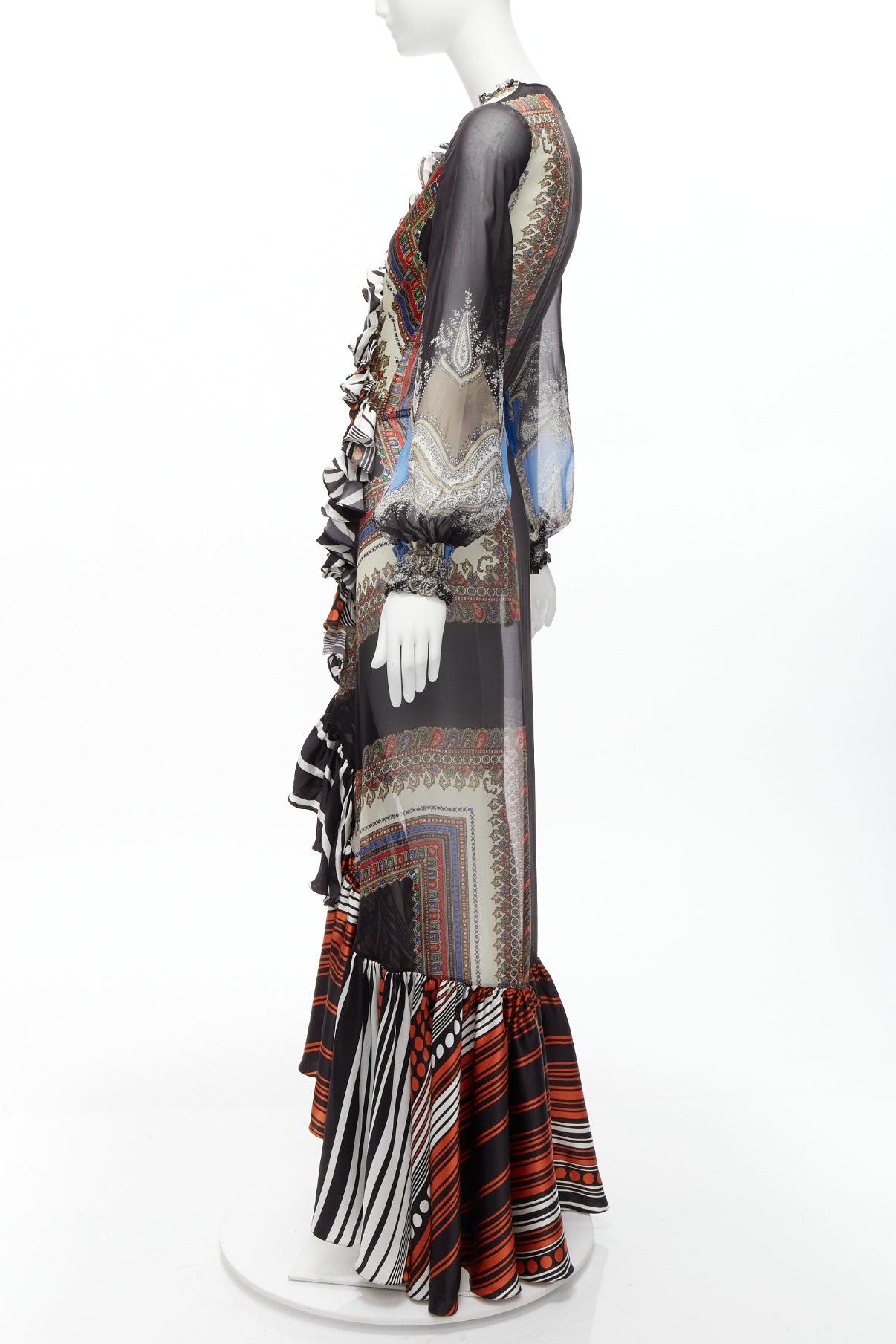 GIVENCHY RICCARDO TISCI 2013 Runway mixed print sheer ruffle gown dress FR38 M For Sale 1