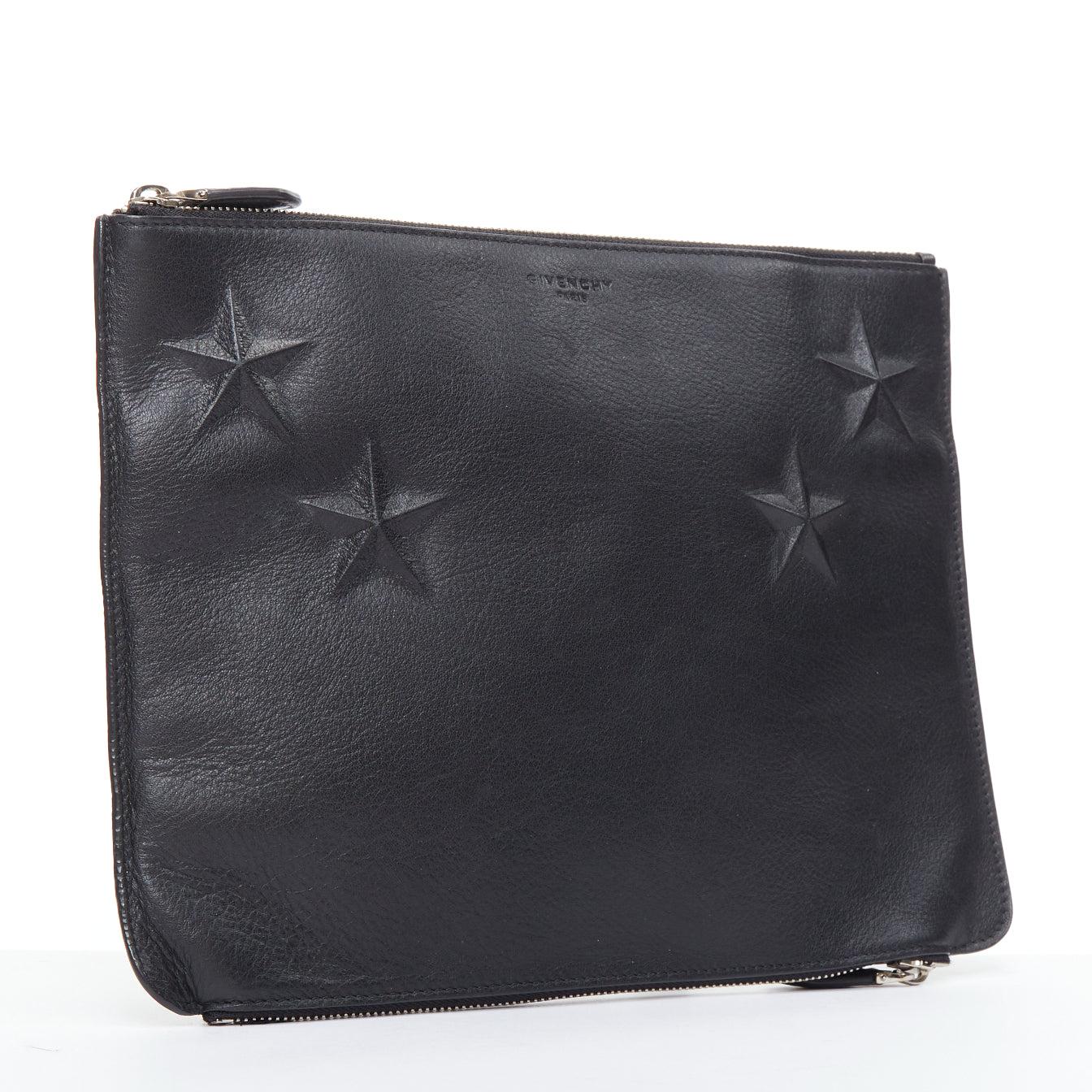 Black GIVENCHY Riccardo Tisci black leather star debossed double zip clutch bag