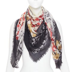 GIVENCHY Riccardo Tisci black red cream wool rose print fringed trim scarf