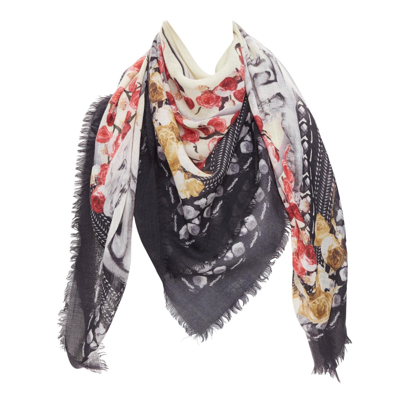 GIVENCHY Riccardo Tisci sciarpa in lana nera rossa crema con stampa di rose e frange