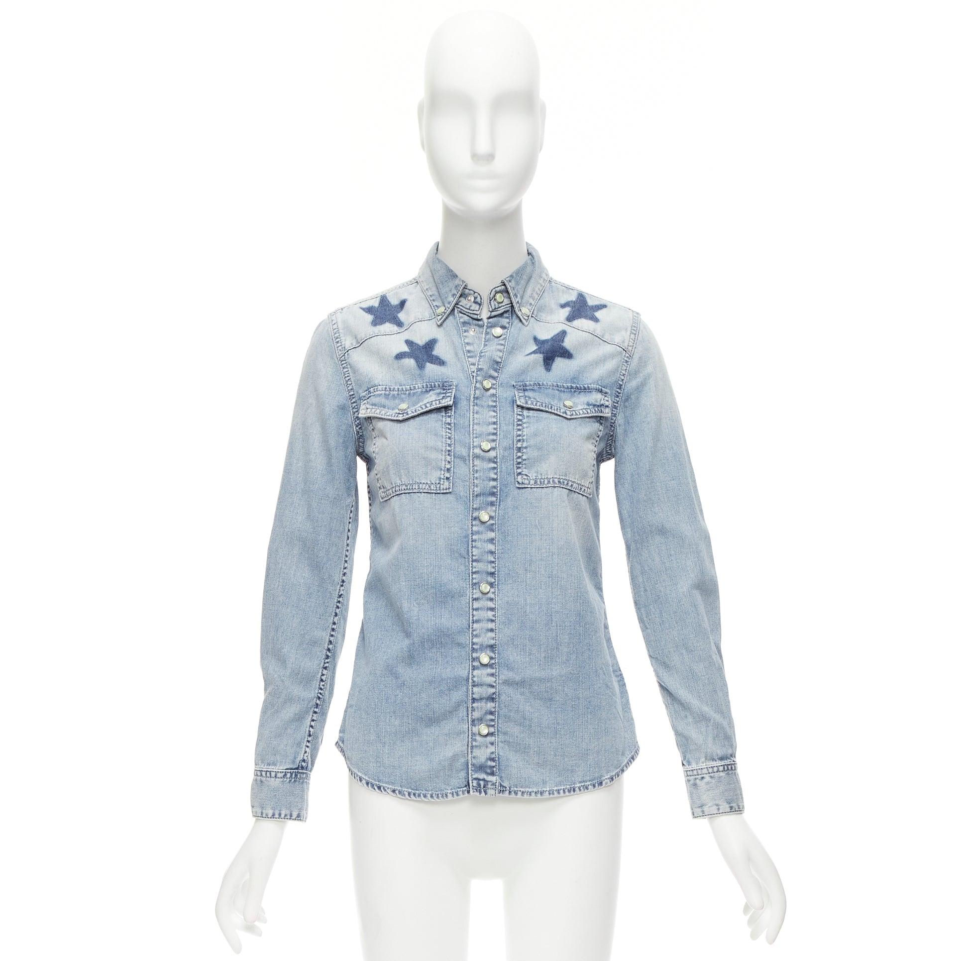 GIVENCHY Riccardo Tisci blue distressed denim star collar dress shirt FR36 S For Sale 5