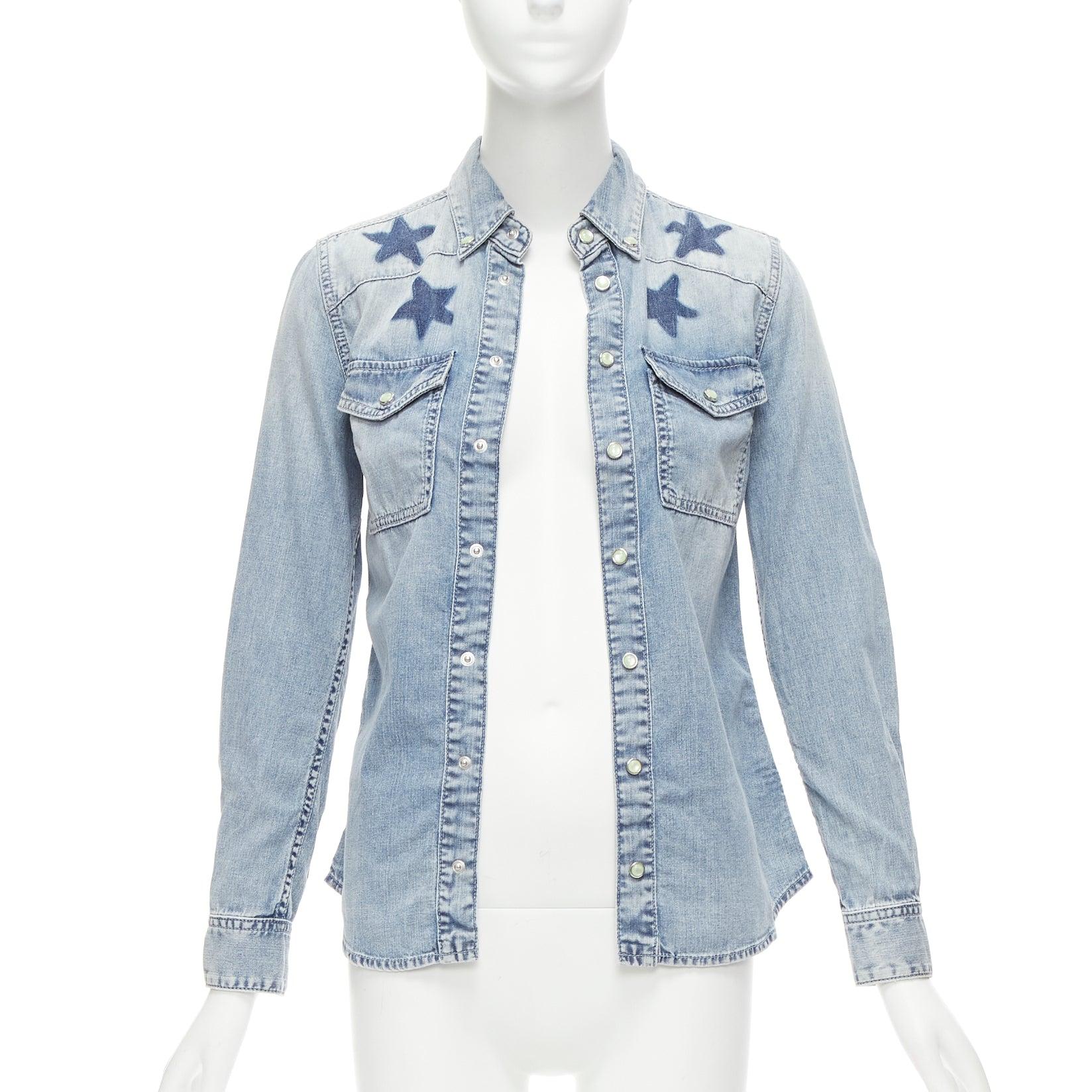 Gray GIVENCHY Riccardo Tisci blue distressed denim star collar dress shirt FR36 S For Sale