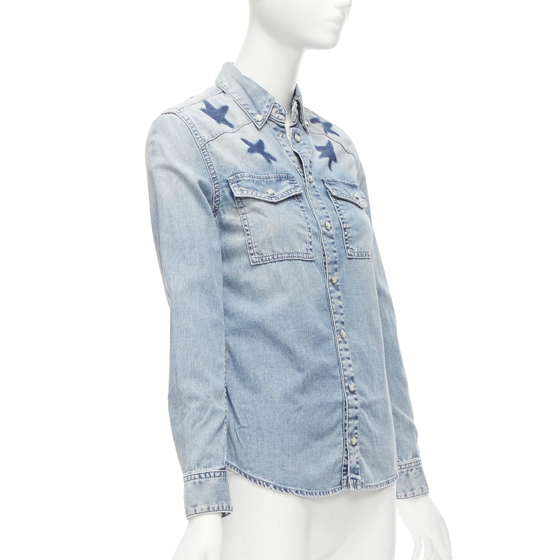 GIVENCHY Riccardo Tisci blue distressed denim star collar dress shirt FR36 S In Excellent Condition For Sale In Hong Kong, NT