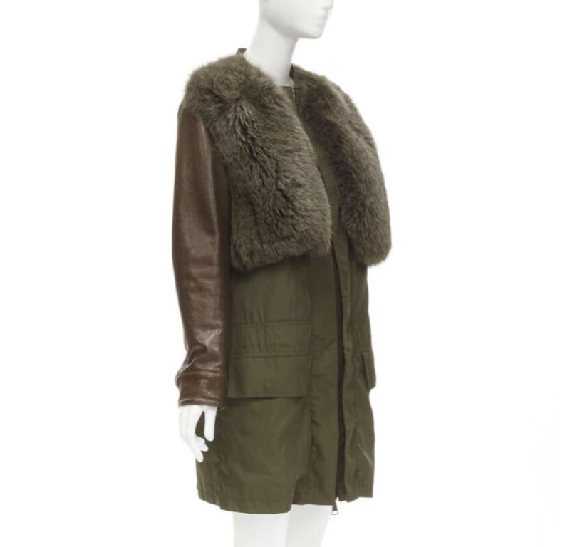 Black GIVENCHY Riccardo Tisci green leather sleeve fox fur anorak coat FR34 XS For Sale