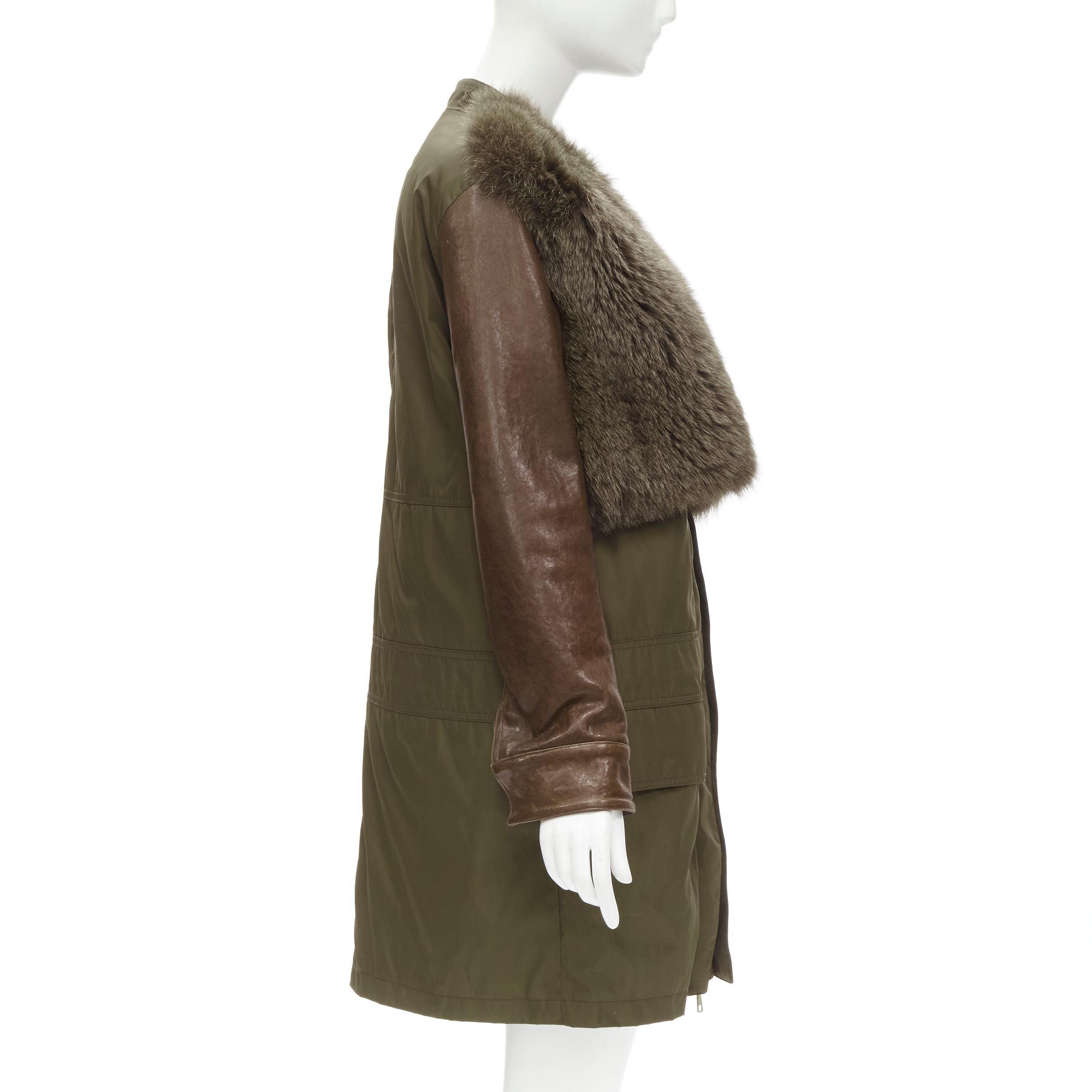 Black GIVENCHY Riccardo Tisci green leather sleeve fox fur anorak coat FR34 XS For Sale