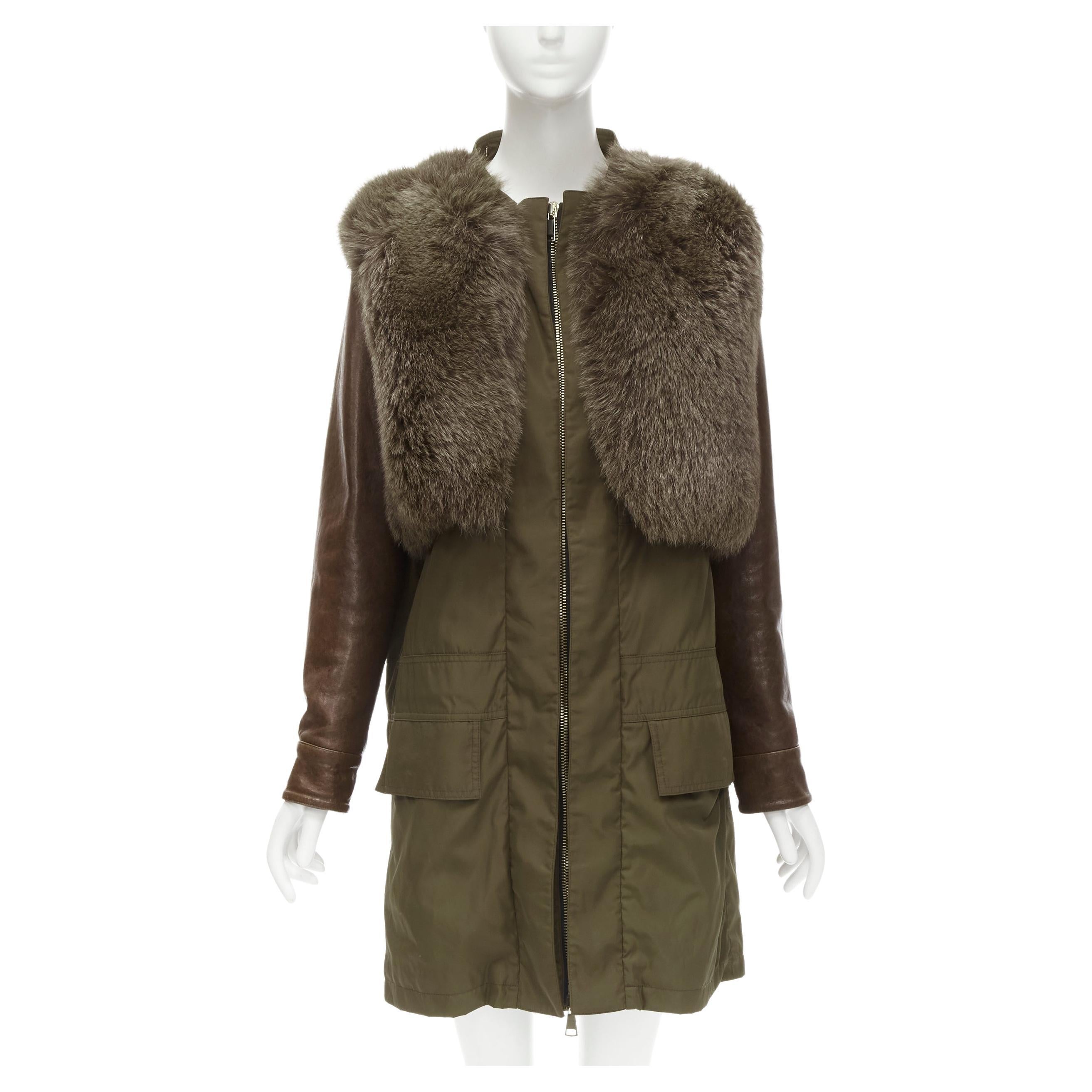 GIVENCHY Riccardo Tisci green leather sleeve fox fur anorak coat FR34 XS For Sale