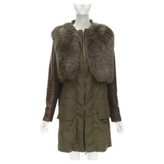 GIVENCHY Manteau anorak en fourrure de renard à manches en cuir vertes Riccardo Tisci FR34 XS