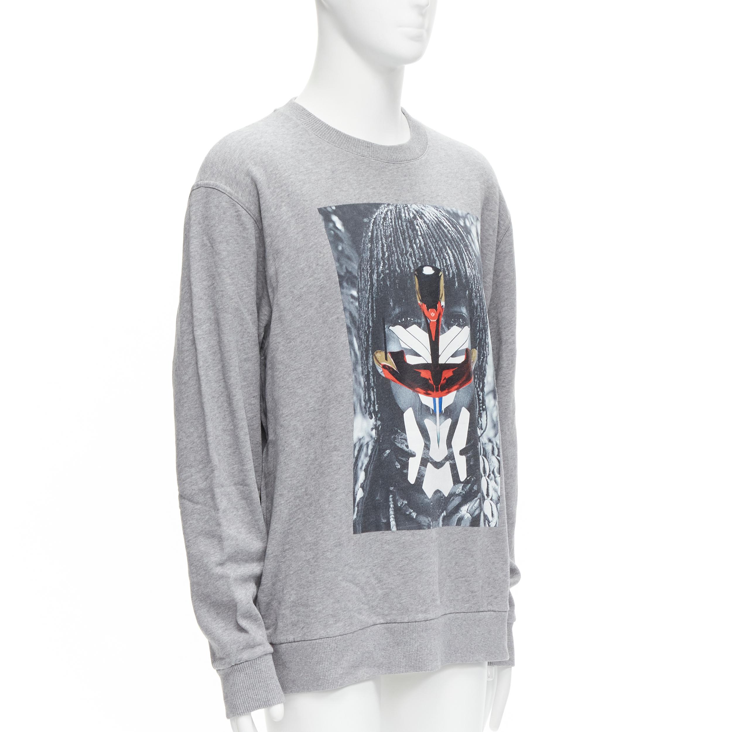 Gray GIVENCHY Riccardo Tisci grey tribal girl graphic print cotton crew sweater S For Sale