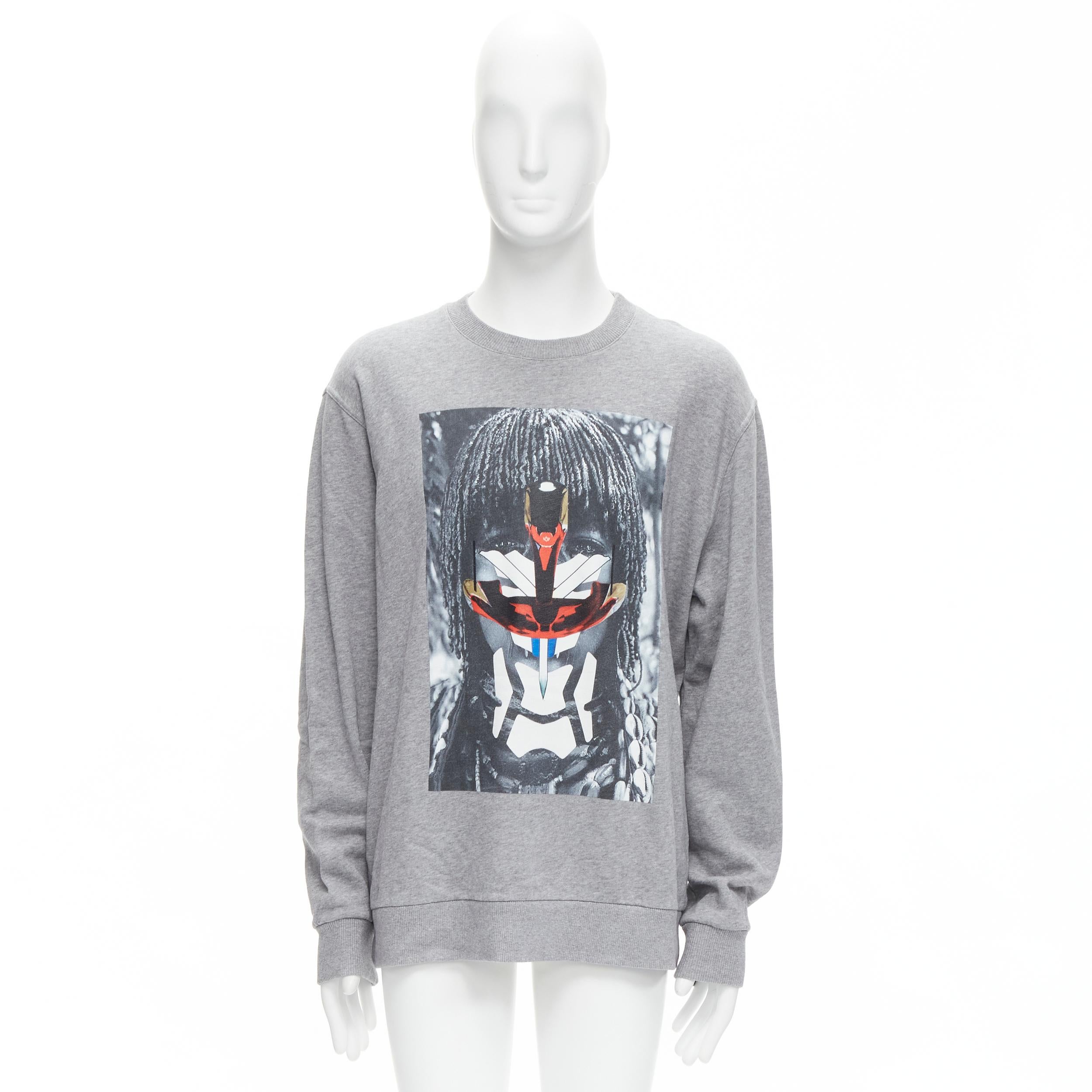 GIVENCHY Riccardo Tisci grey tribal girl graphic print cotton crew sweater S For Sale 4