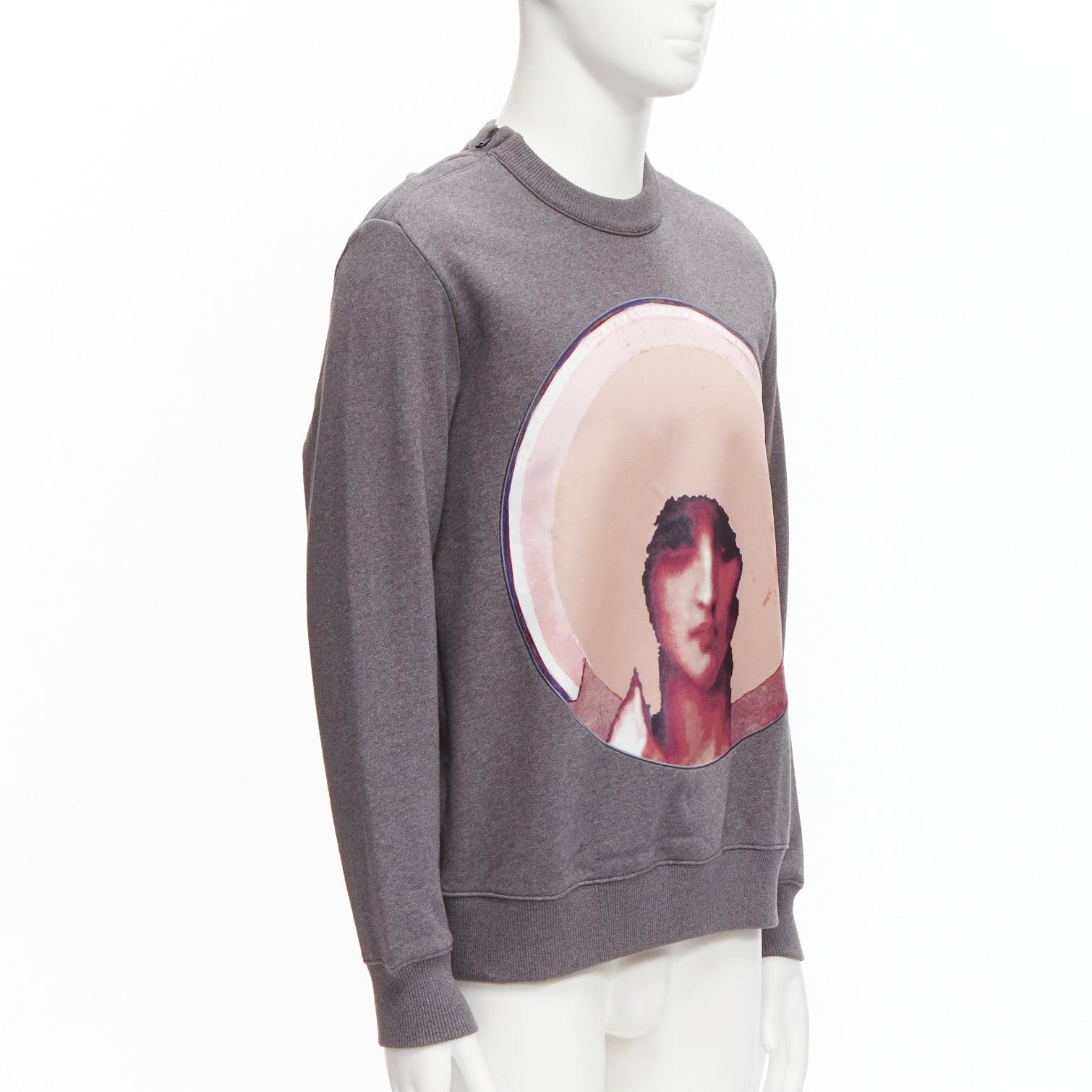Gray GIVENCHY Riccardo Tisci Madonna pink patch print grey zip shoulder sweater XS For Sale