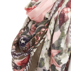 GIVENCHY Riccardo Tisci pink olive green wool silk rose print fringed trim scarf
