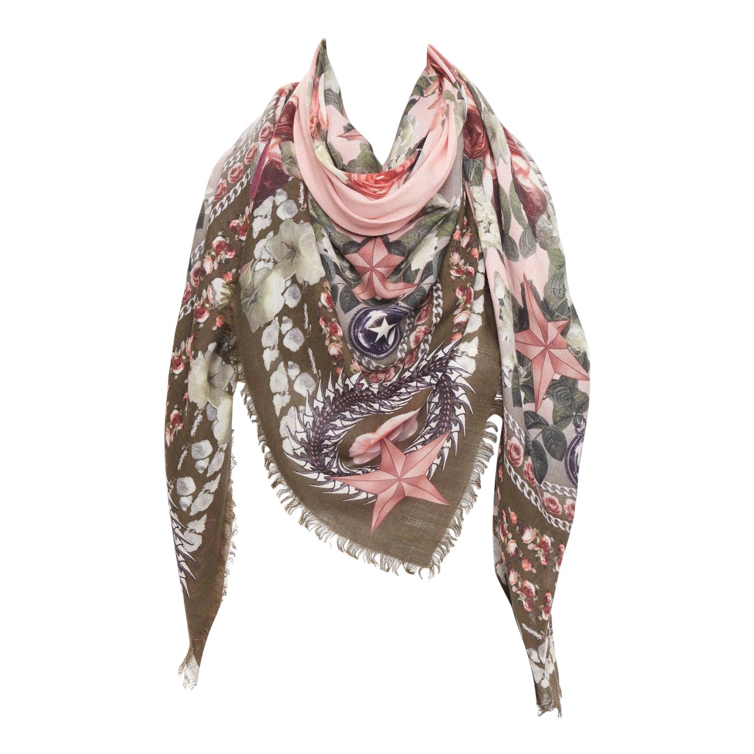 GIVENCHY Riccardo Tisci sciarpa rosa verde oliva in lana e seta con stampa a frange