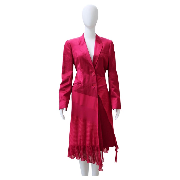open lace back dress Zapaka Women Fuchsia Blazer Dress Notched Lapel Single-Breasted A Line Work Dress, Fuchsia / XL