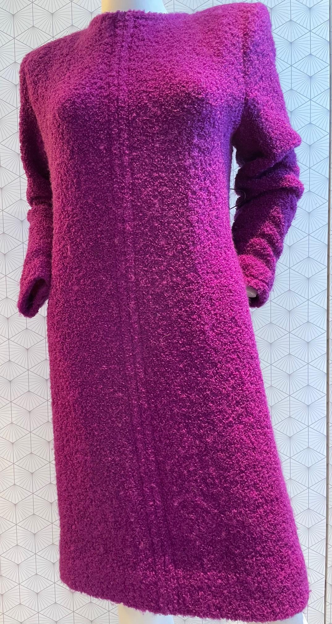 A stunning collector, a very rare GIVENCHY dress set with a separate large fluffy wrap-cape. Handcrafted with Mohair bouclé tweed, beautiful finish, fully lined. Long sleeves, straight dress with shoulder pads matching with a separate fluffy large