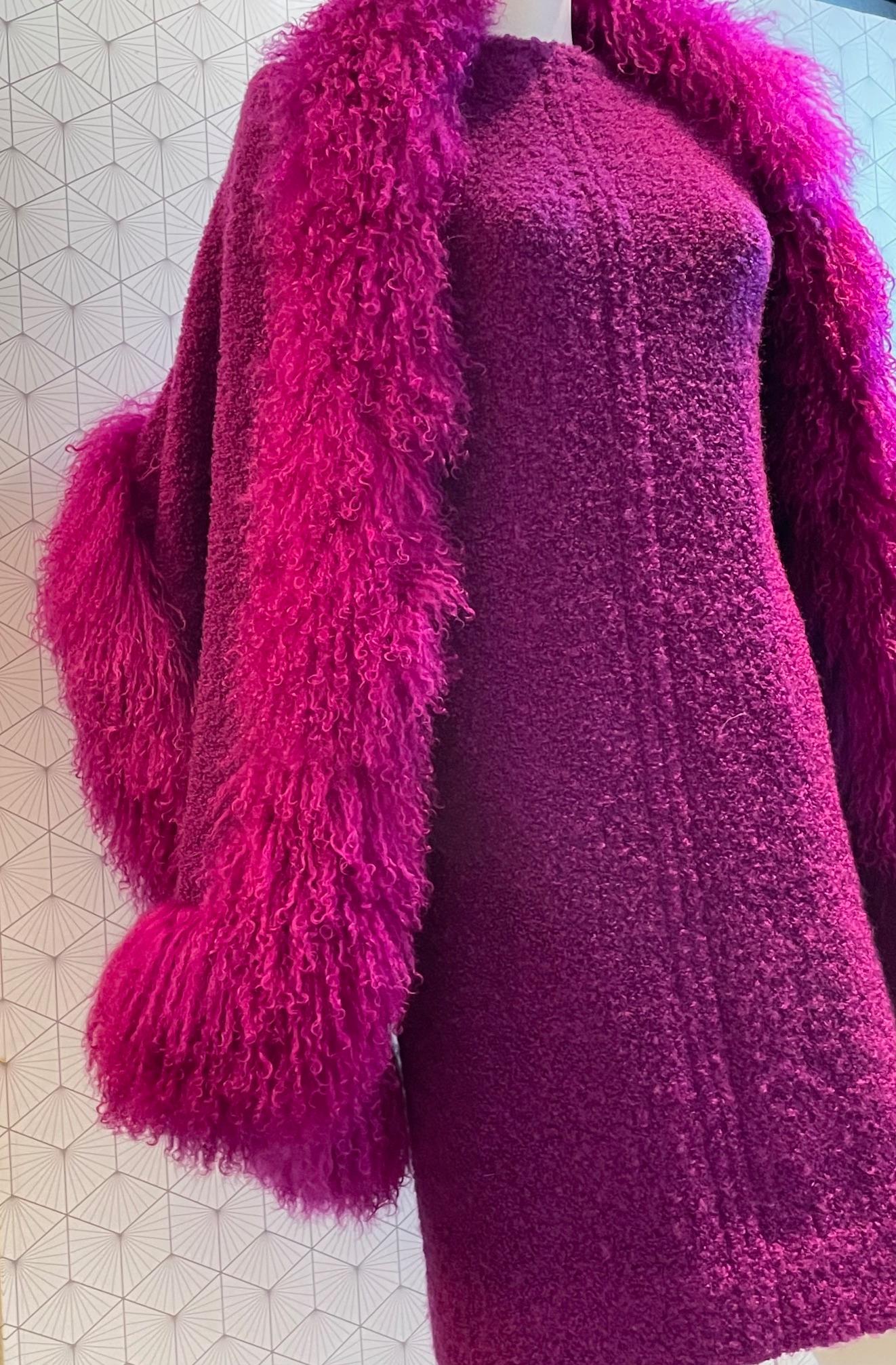 Purple GIVENCHY Runway Tweed Bouclé Dress & Wrap-Scarf Trim Mohair C.1980s For Sale
