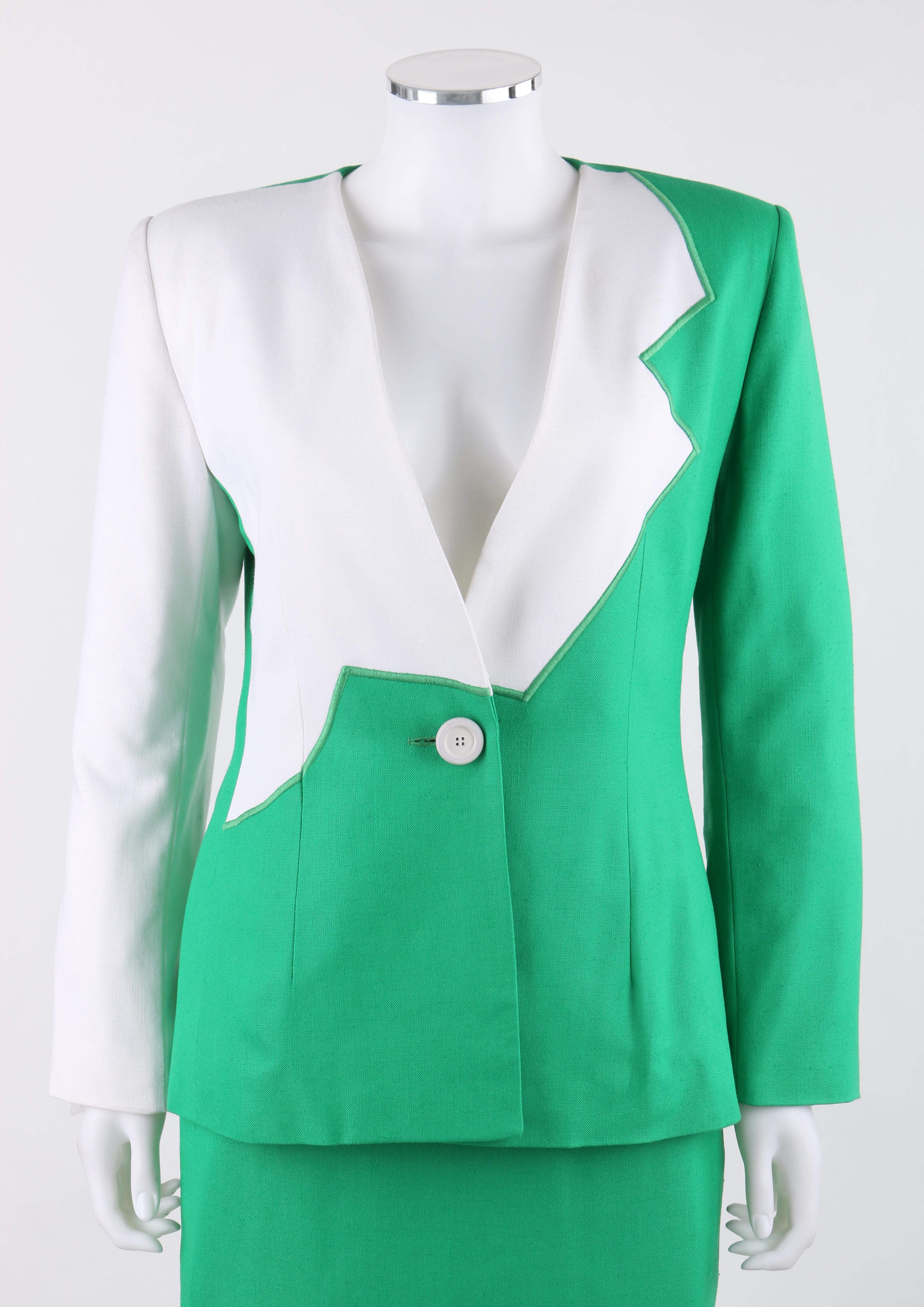 GIVENCHY S/S 1998 ALEXANDER McQUEEN 2pc Green Asymmetric Panel Skirt Suit Set
  
Brand / Manufacturer: Givenchy
Collection: Spring / Summer 1998
Designer: Alexander McQueen
Style: Skirt suit set
Color(s): Shades of bright green (blazer & skirt