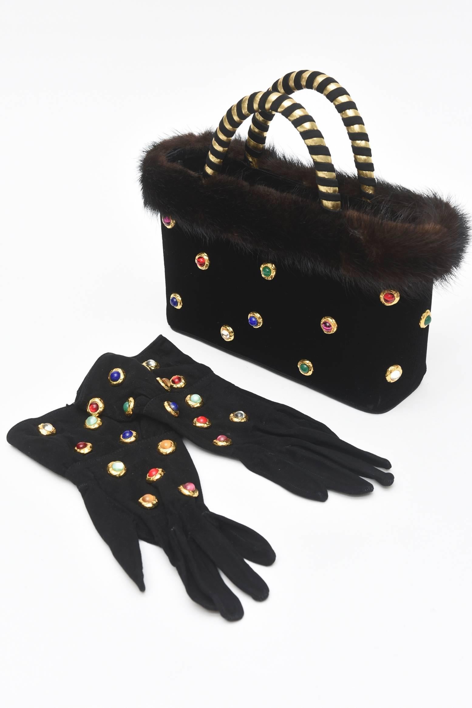 Givenchy Set of Black Suede Gloves & Black Velvet Stone & Fur Evening Bag 60's 5