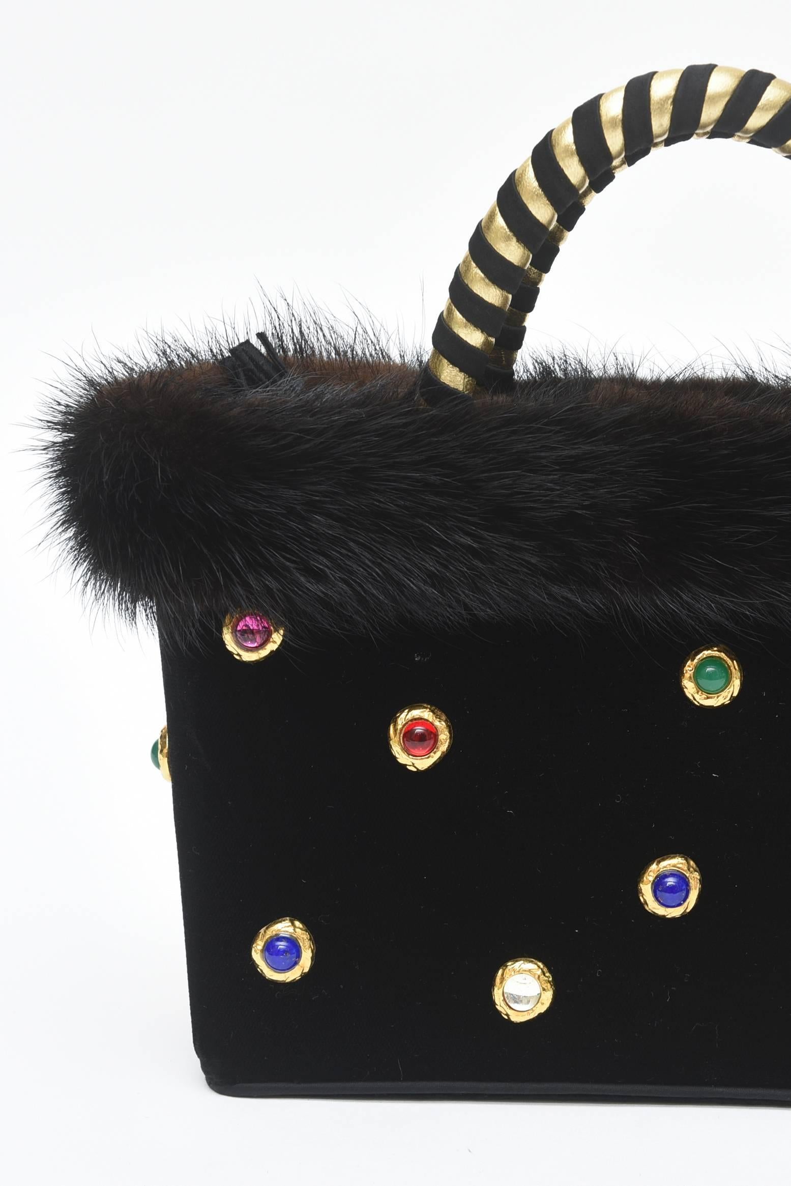 Women's Givenchy Set of Black Suede Gloves & Black Velvet Stone & Fur Evening Bag 60's