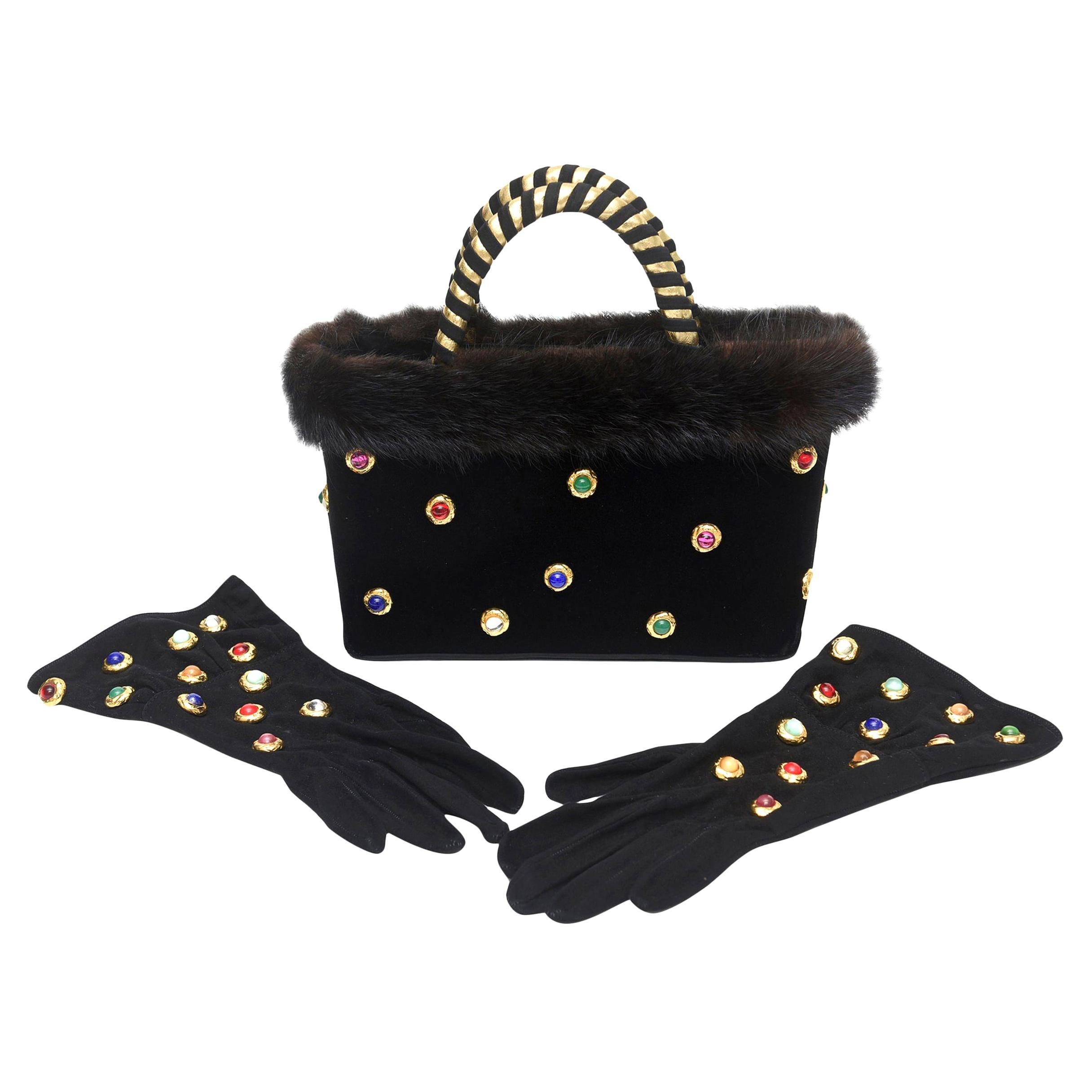 Givenchy Set of Black Suede Gloves & Black Velvet Stone & Fur Evening Bag 60's