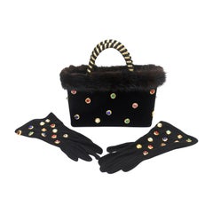 Givenchy Set of Black Suede Gloves & Black Velvet Stone & Fur Evening Bag 60's