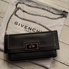 Givenchy Shark Black Grained Leather Clutch w/ Silver-tone Chain Detail & Strap