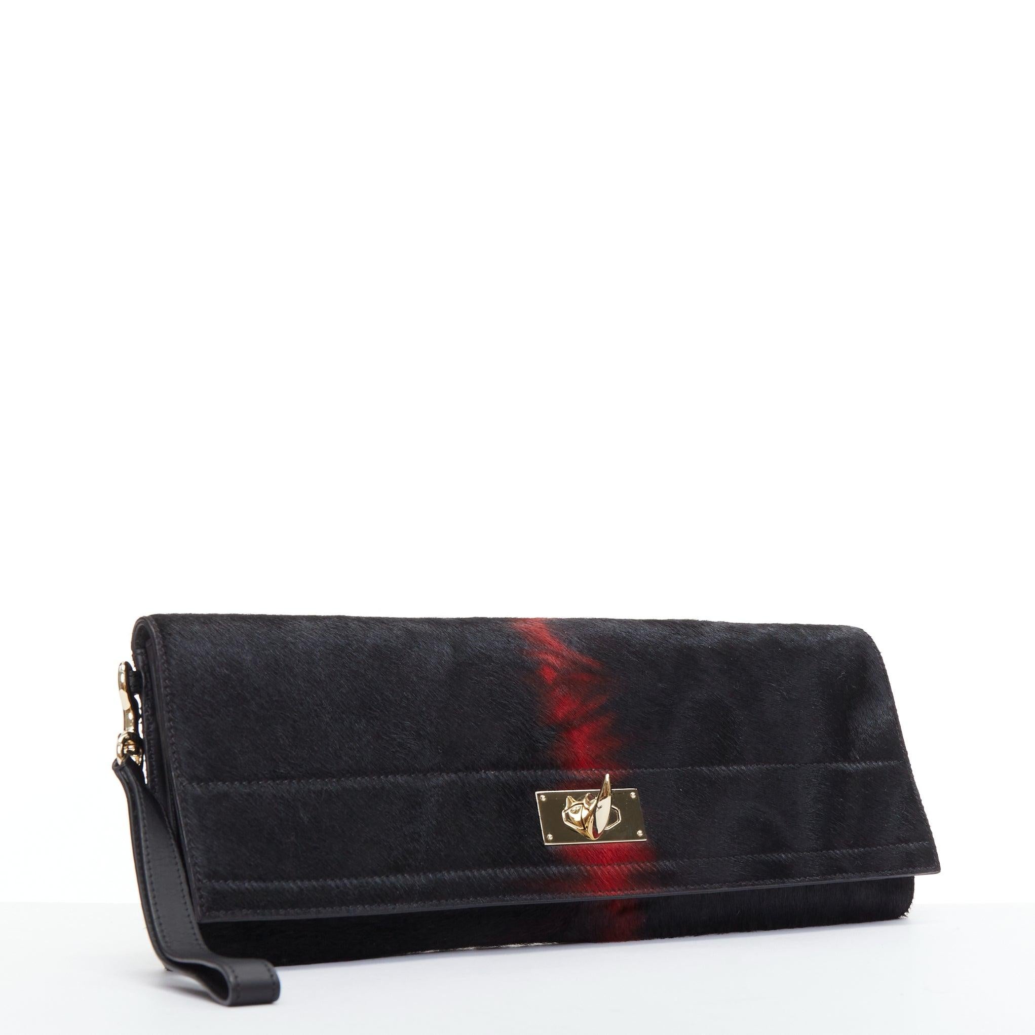 GIVENCHY Shark black red ponyhair gold turnlock foldover clutch bag In Good Condition In Hong Kong, NT