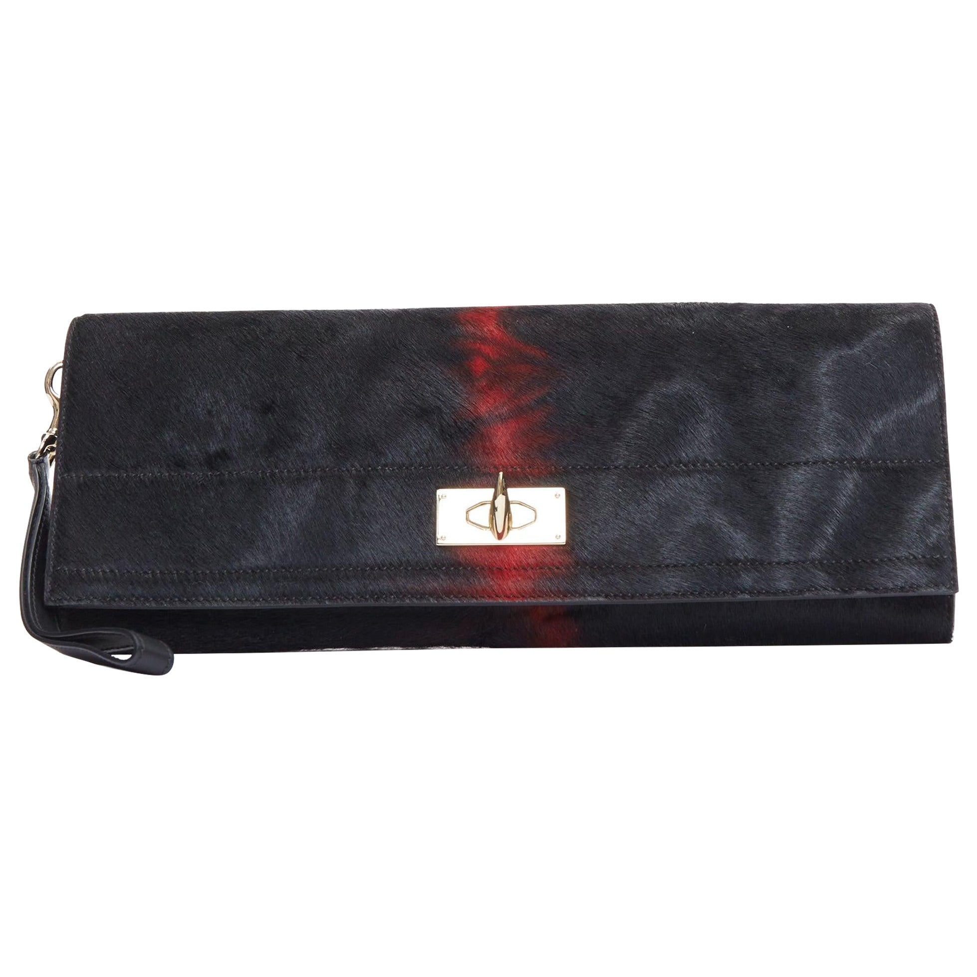 GIVENCHY Shark black red ponyhair gold turnlock foldover clutch bag