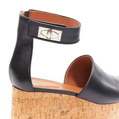 GIVENCHY Shark Tooth silver twist block black open toe cork wedge platform EU38