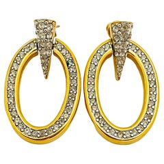 GIVENCHY signed vintage gold rhinestone door knocker designer runway earrings