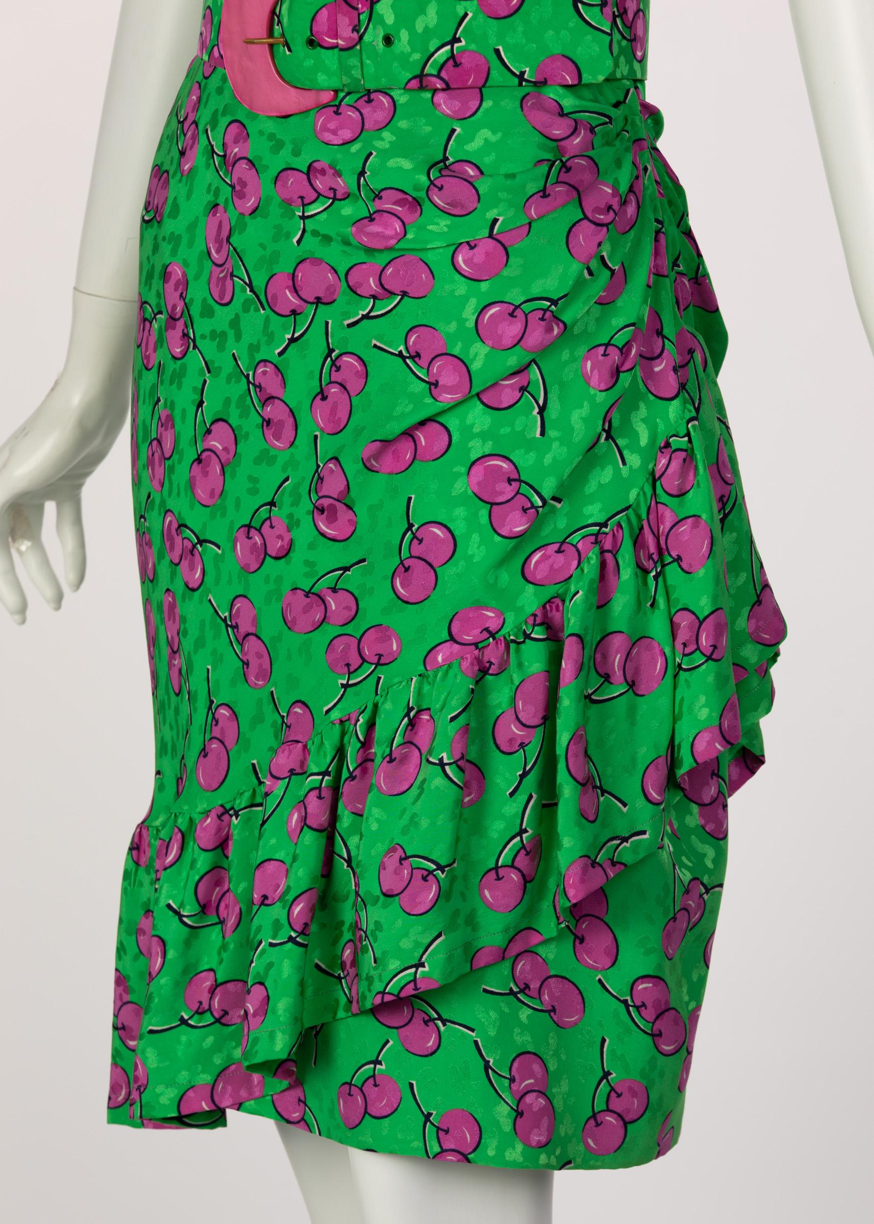 Givenchy Silk Green Cherry Print Cocktail Dress, 1980s For Sale 4