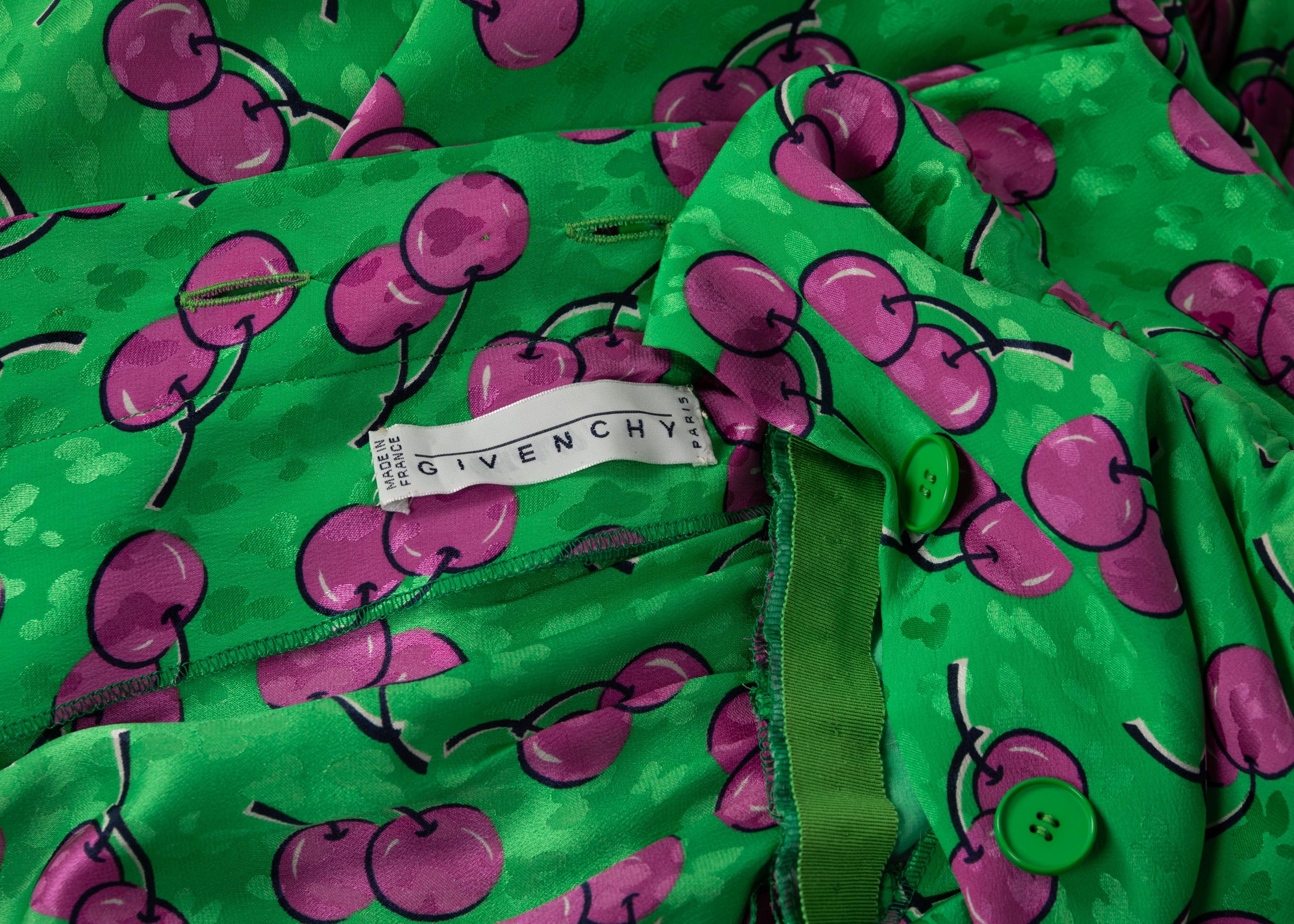 Givenchy Silk Green Cherry Print Cocktail Dress, 1980s For Sale 6