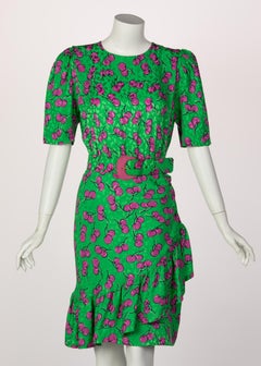 Givenchy Silk Green Cherry Print Cocktail Dress, 1980s
