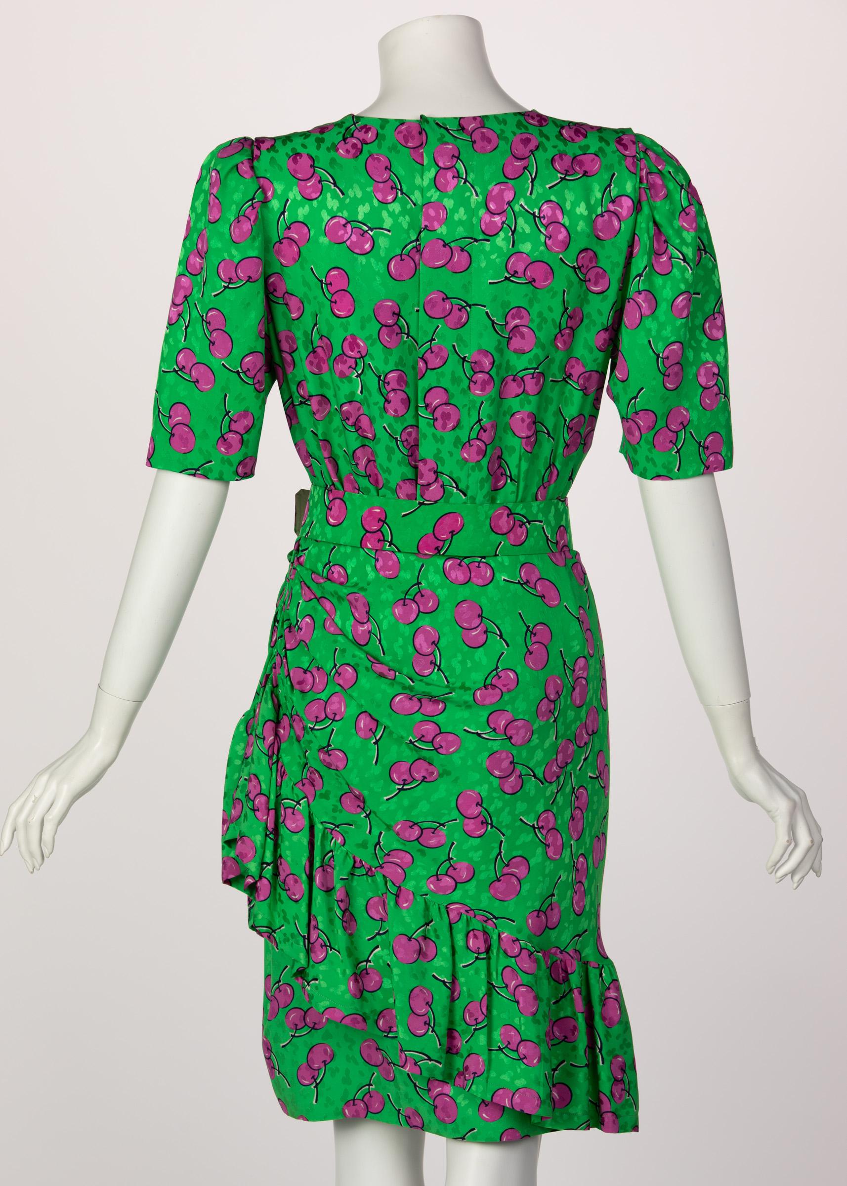 Women's Givenchy Silk Green Cherry Print Cocktail Dress, 1980s For Sale